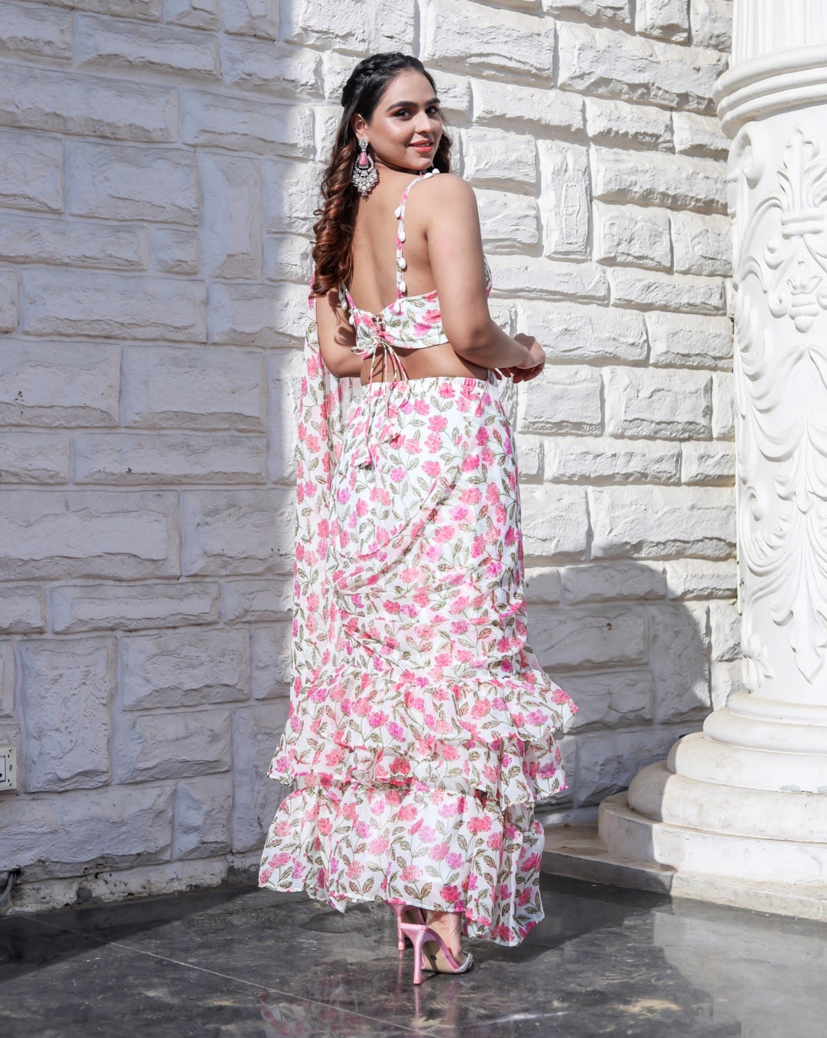 Flora Pink Printed Ruffle Saree