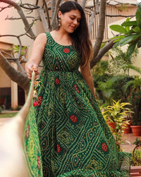 Garden Green Bandhej Dress With Dupatta