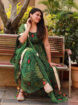 Garden Green Bandhej Dress With Dupatta