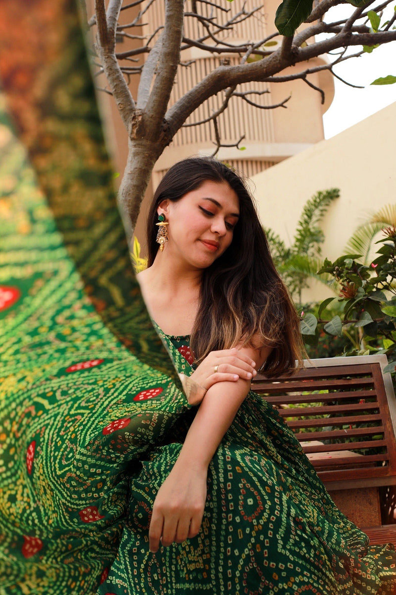Garden Green Bandhej Dress With Dupatta