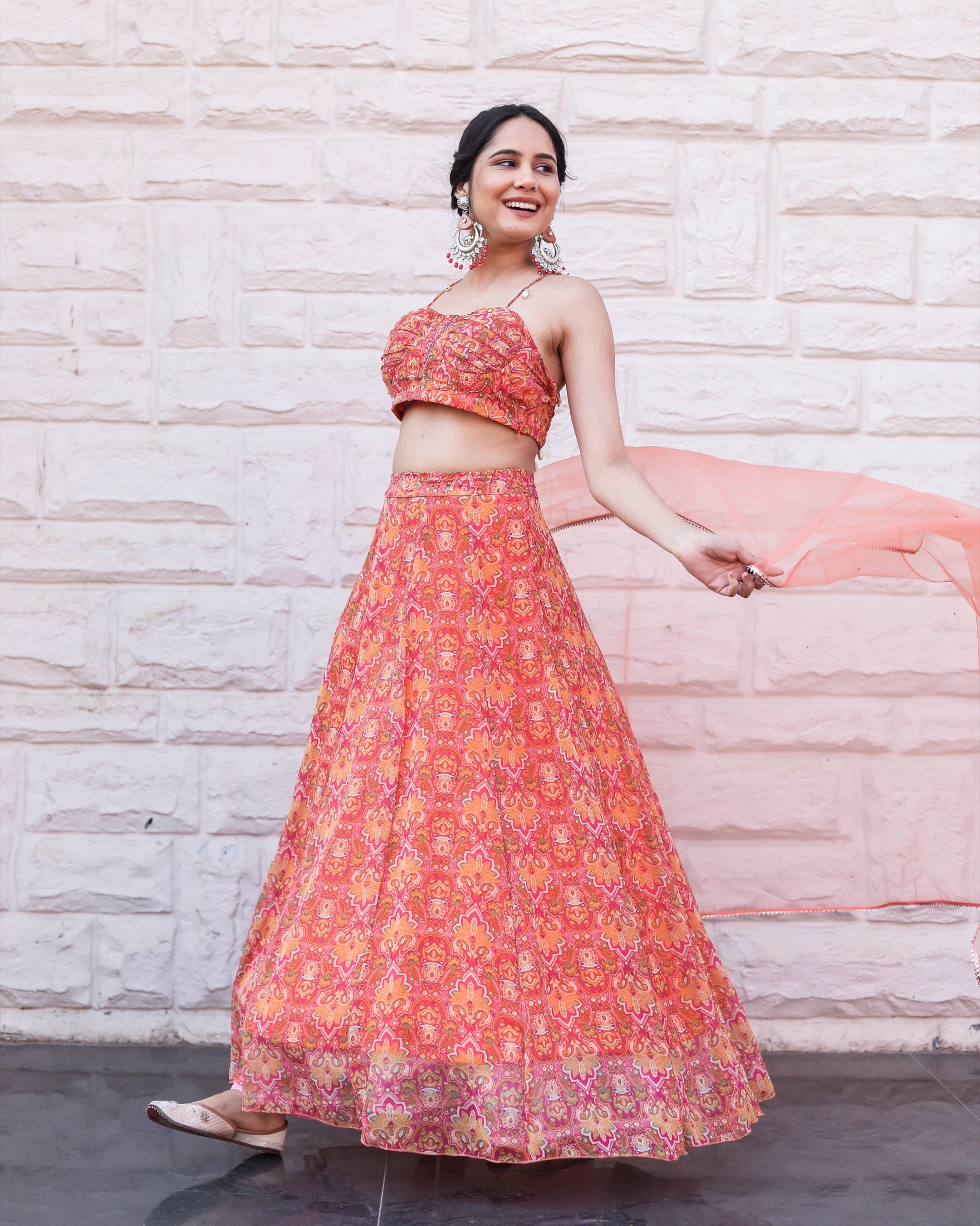 Peach Pink Floral Lehenga Choli With Dupatta