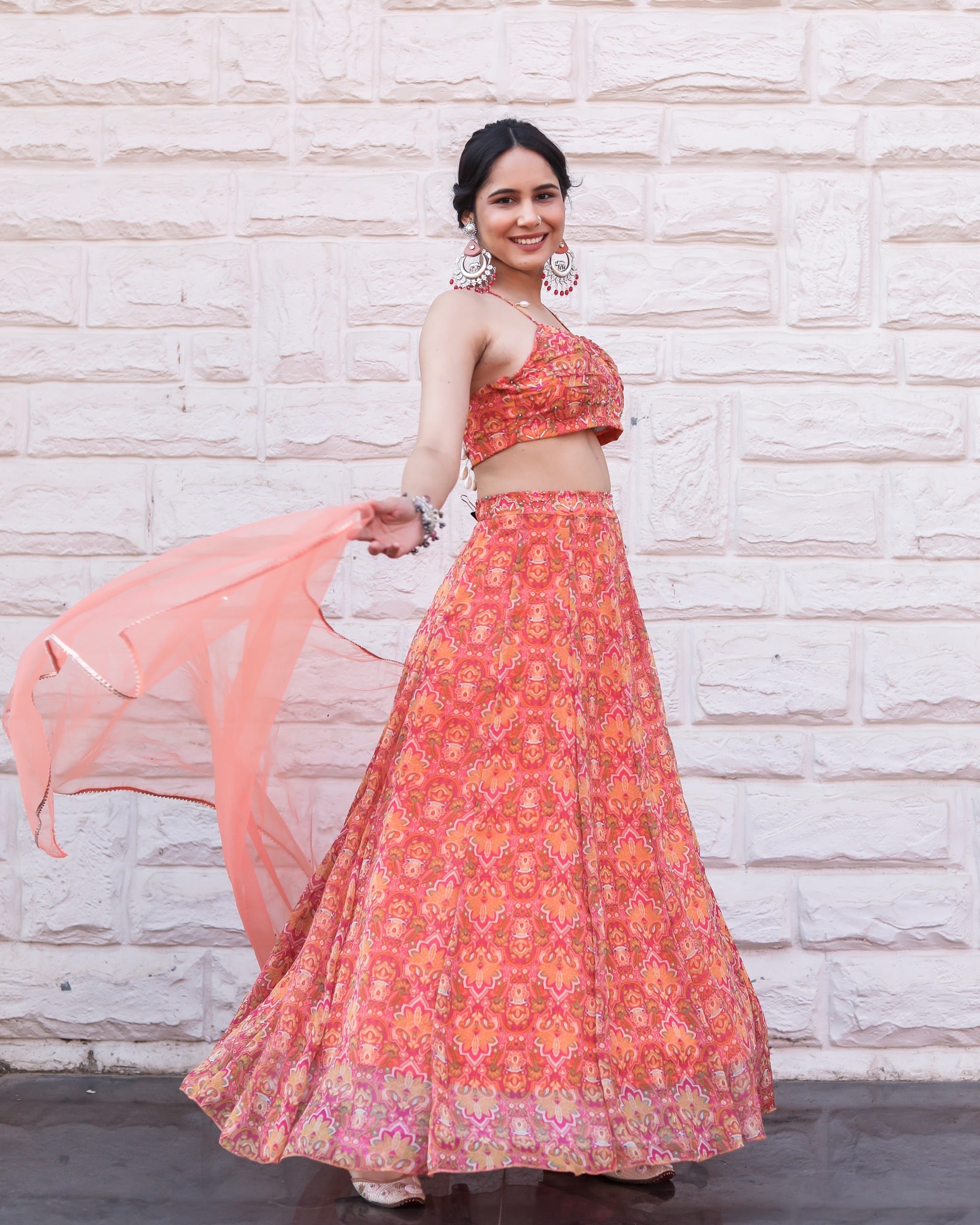 Peach Pink Floral Lehenga Choli With Dupatta