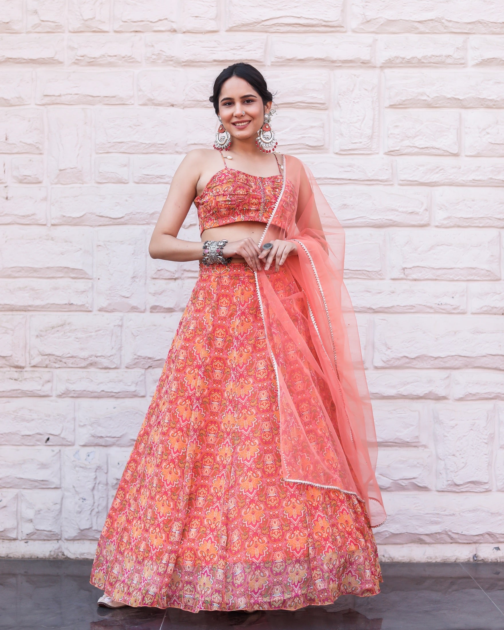 Peach Pink Floral Lehenga Choli With Dupatta