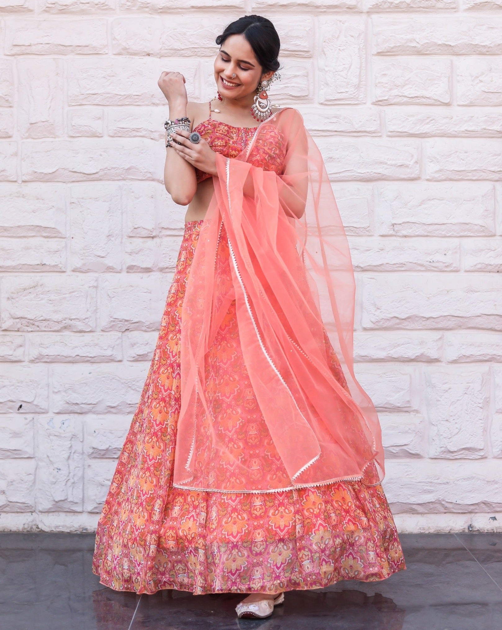 Peach Pink Floral Lehenga Choli With Dupatta