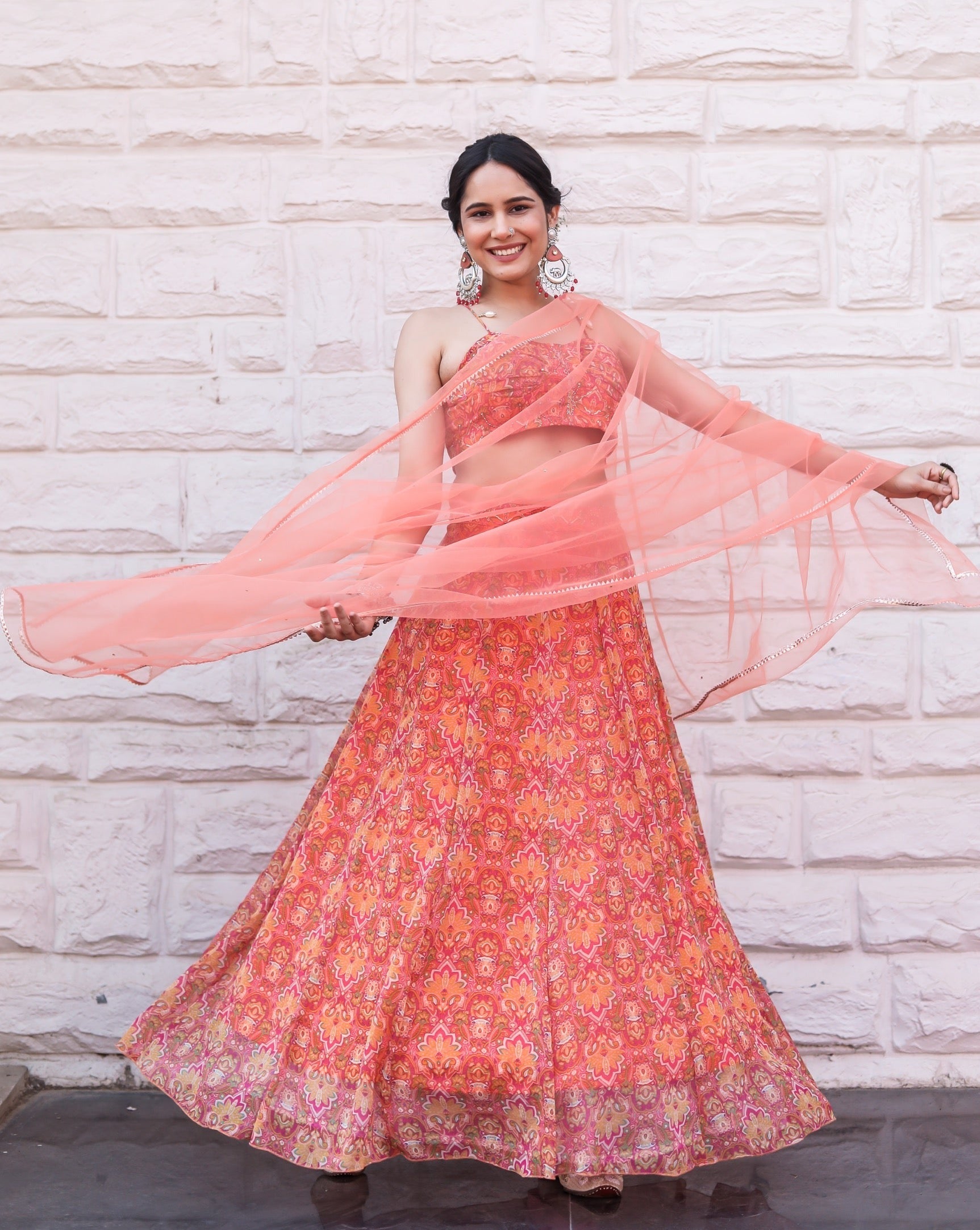 Peach Pink Floral Lehenga Choli With Dupatta