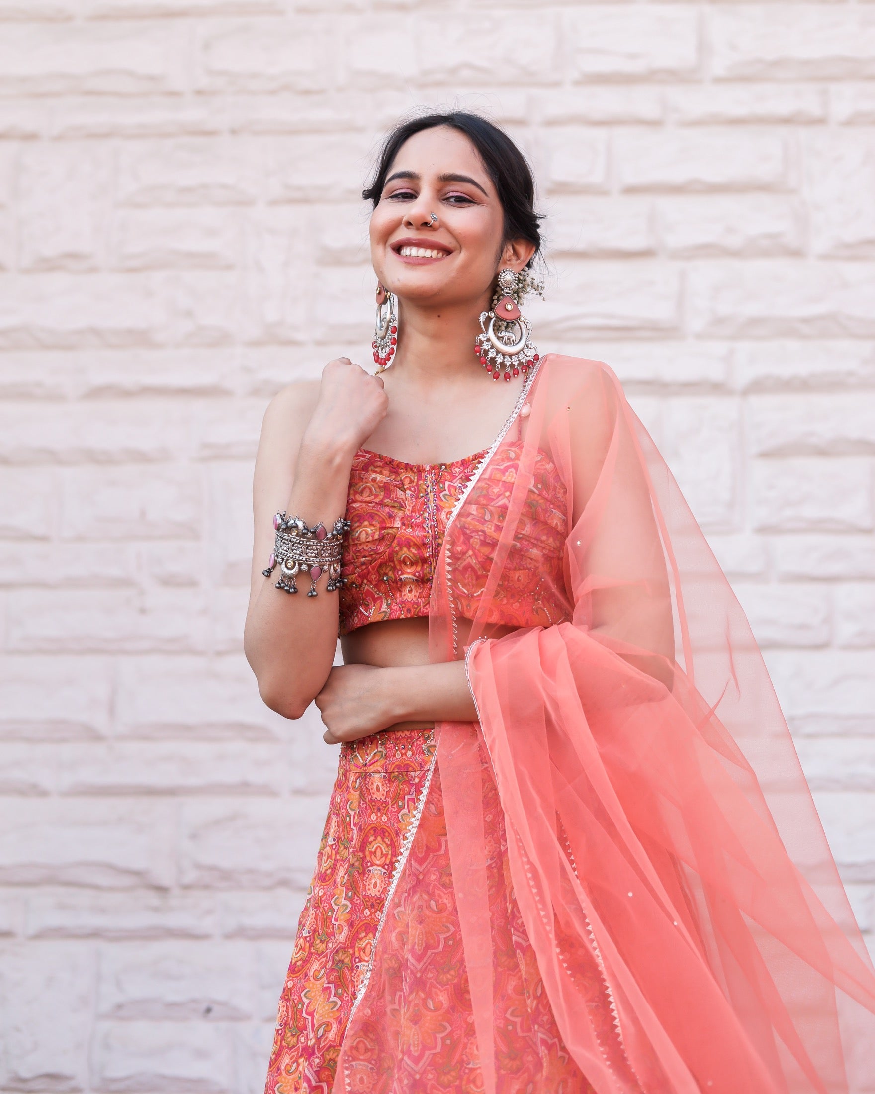 Peach Pink Floral Lehenga Choli With Dupatta