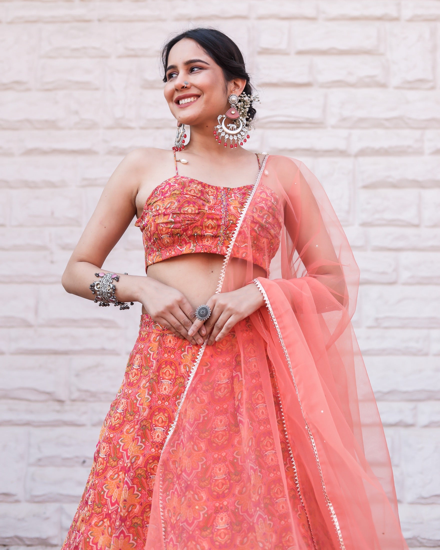 Peach Pink Floral Lehenga Choli With Dupatta