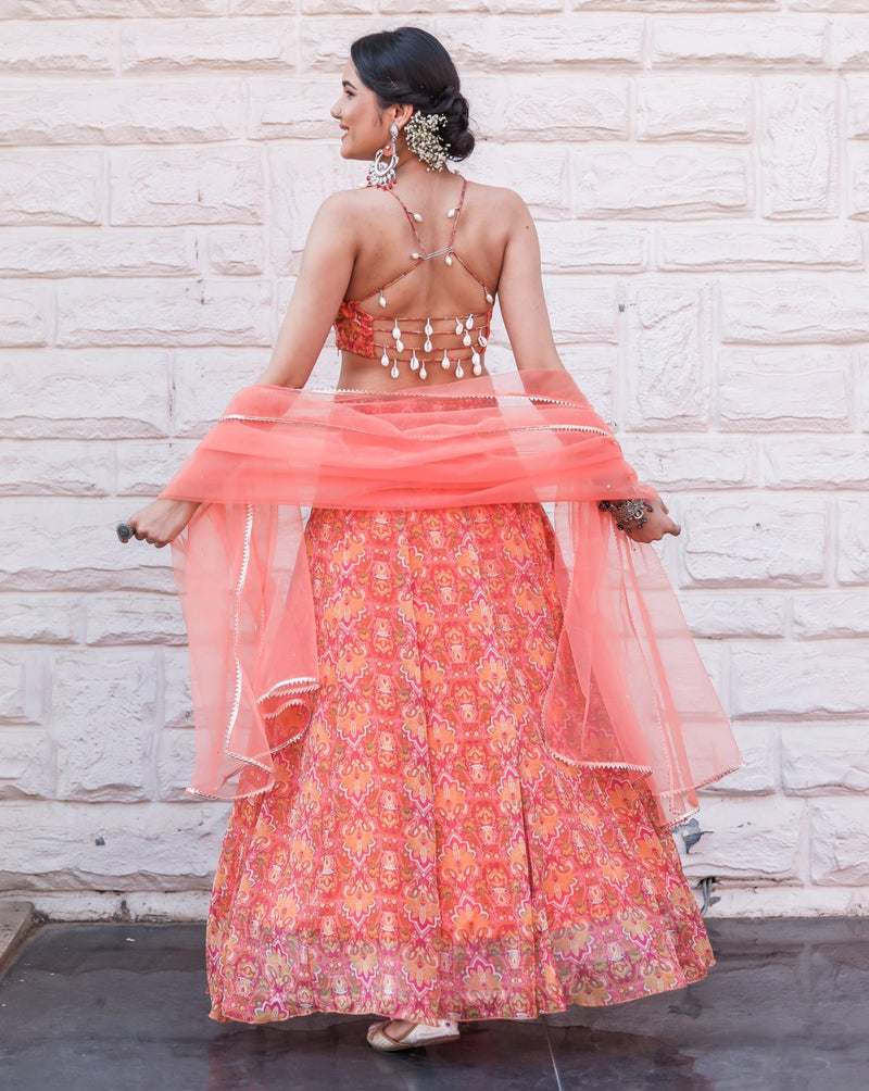 Peach And Red Embellished Lehenga/Pant Suit - Hatkay