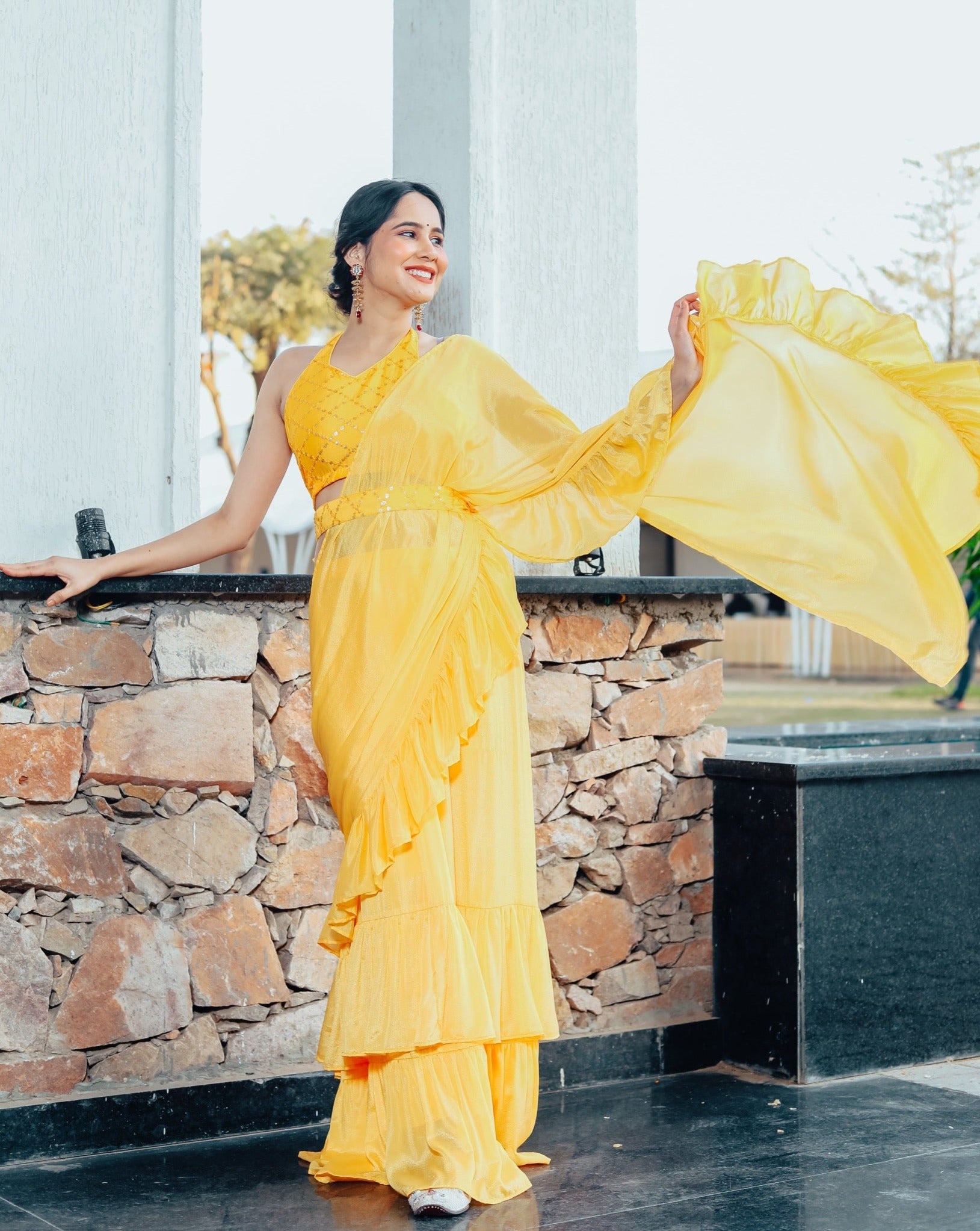 Shiny Yellow Ruffle Sharara Saree