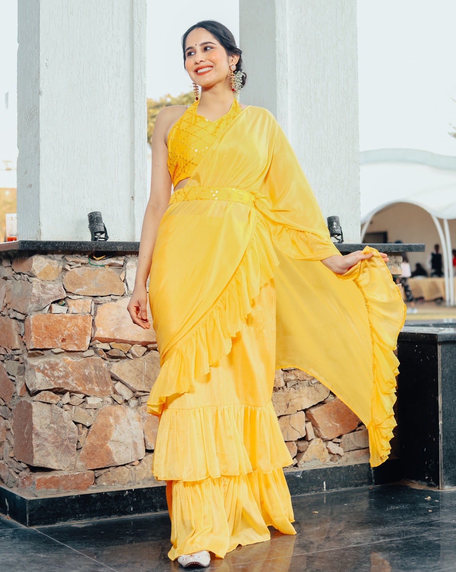 Shiny Yellow Ruffle Sharara Saree