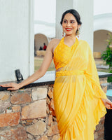 Shiny Yellow Ruffle Sharara Saree