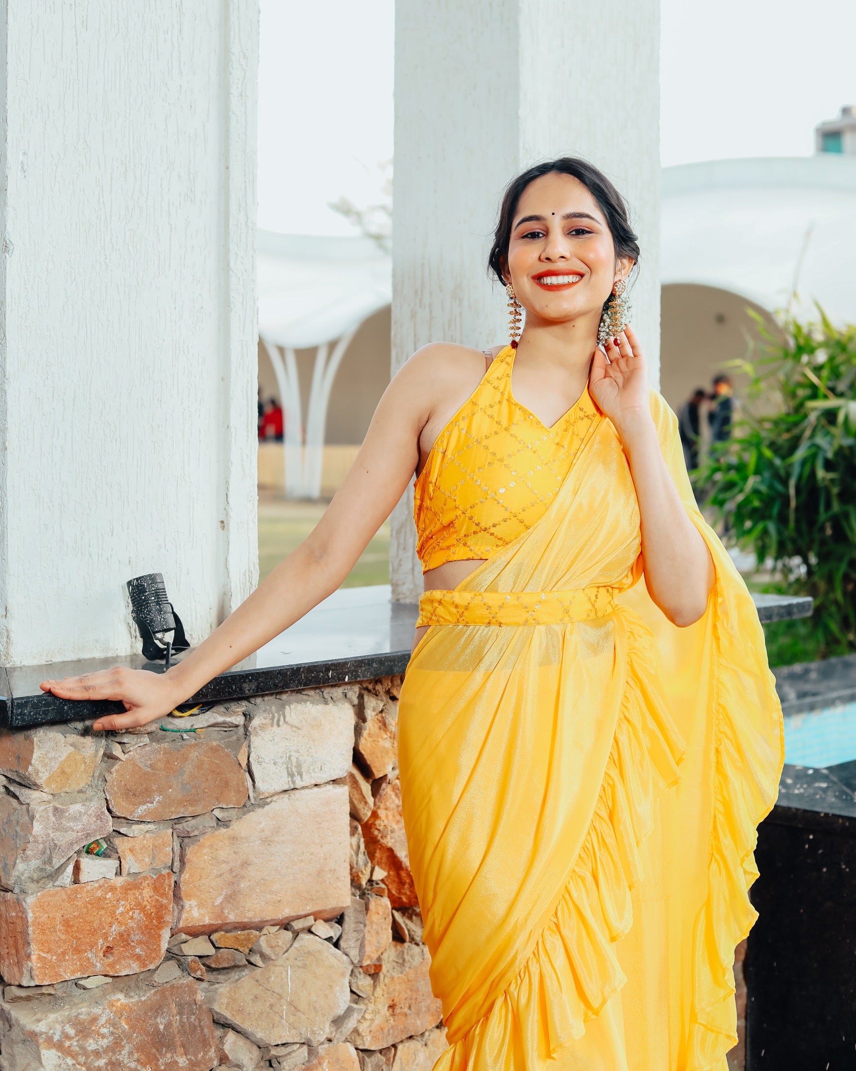 Shiny Yellow Ruffle Sharara Saree