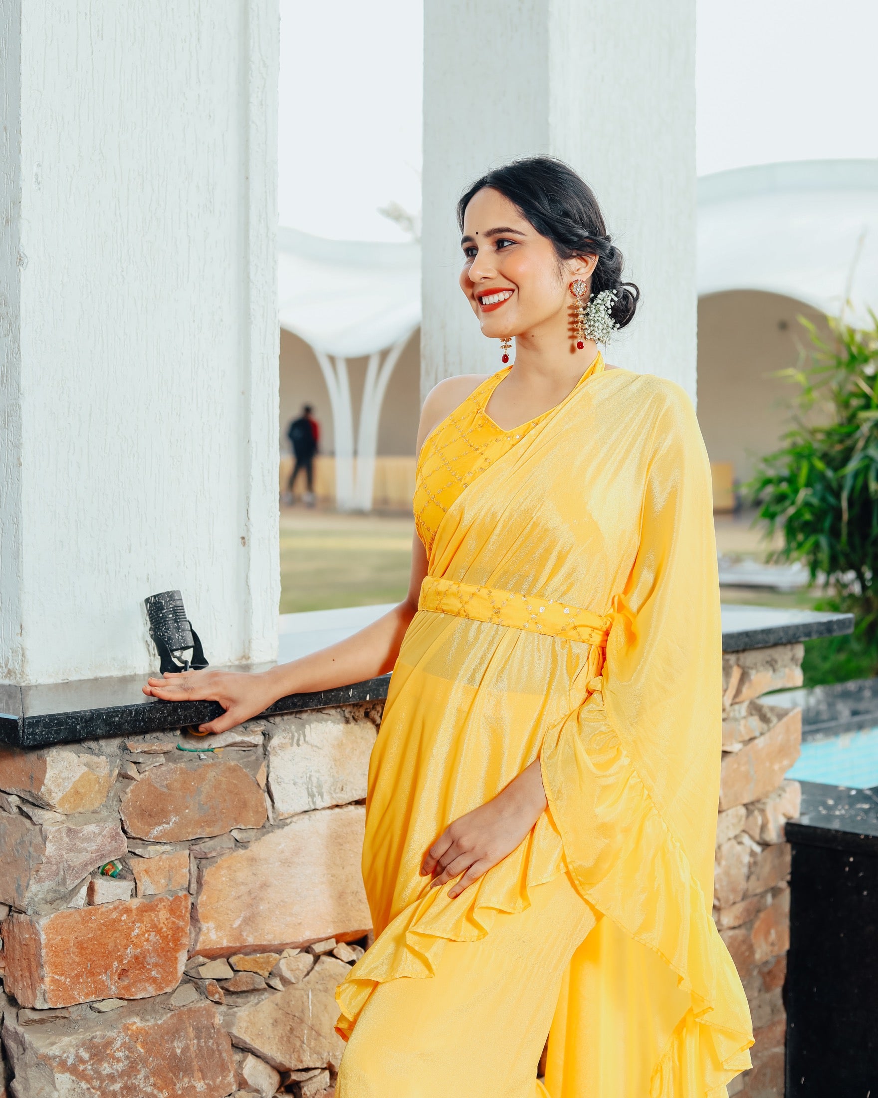 Shiny Yellow Ruffle Sharara Saree