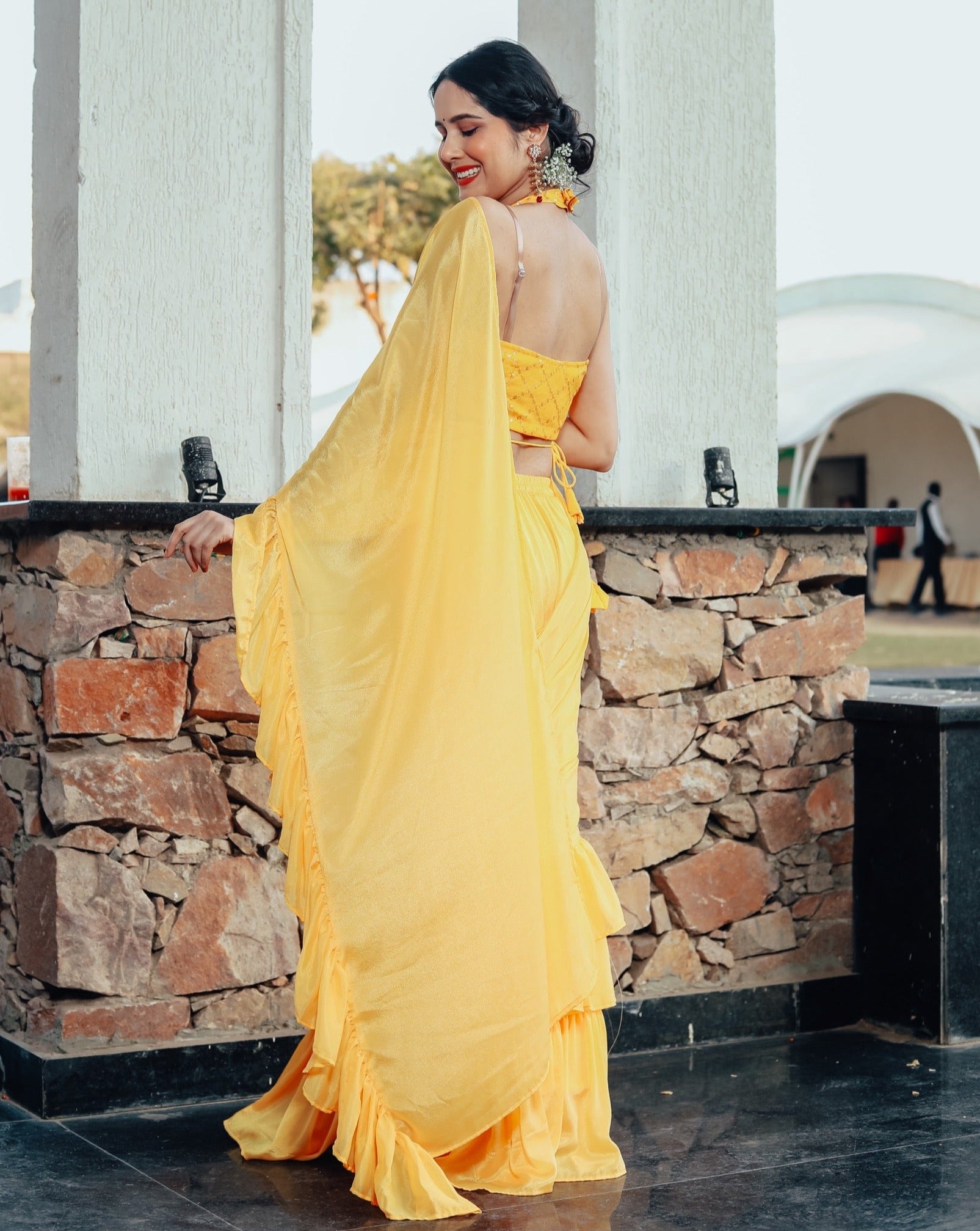 Shiny Yellow Ruffle Sharara Saree