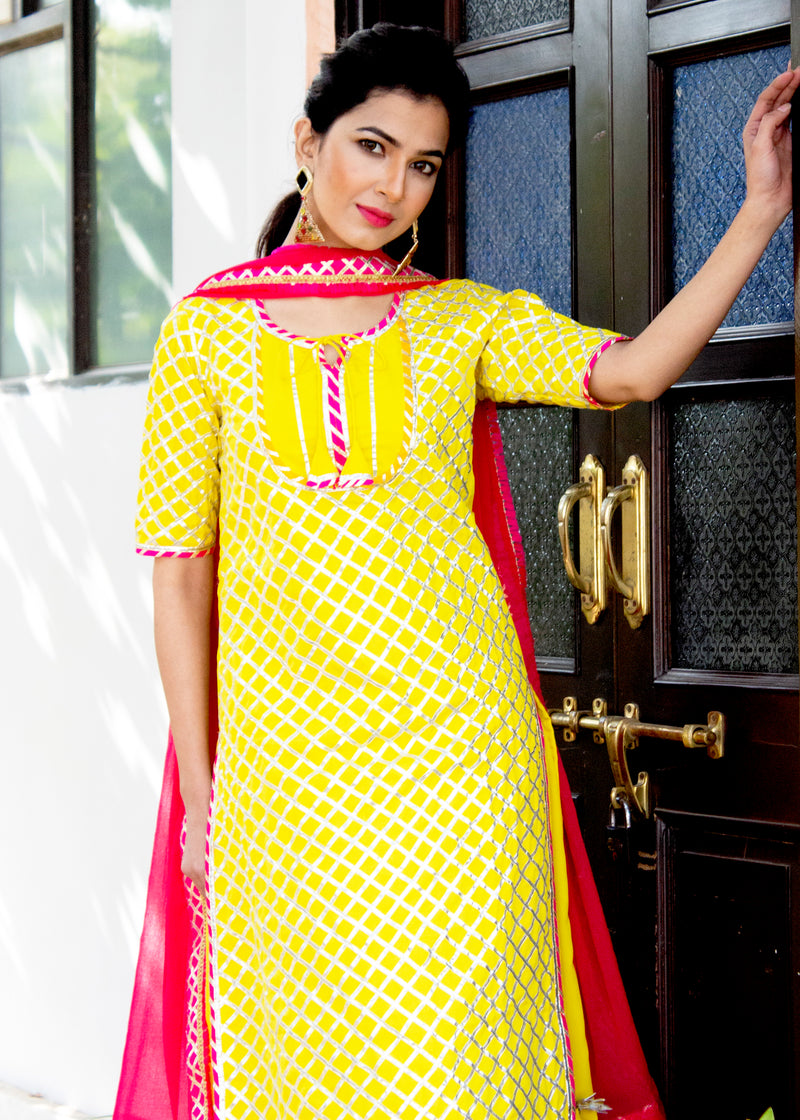 Classic Yellow And Pink Gota Suit Set