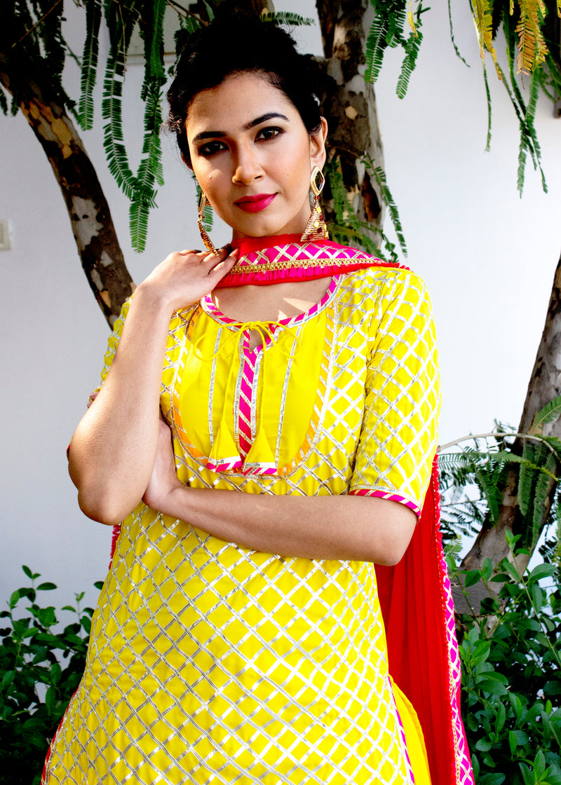 Classic Yellow And Pink Gota Suit Set