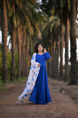 Soothing Blue Suit Set With Hand Painted Dupatta