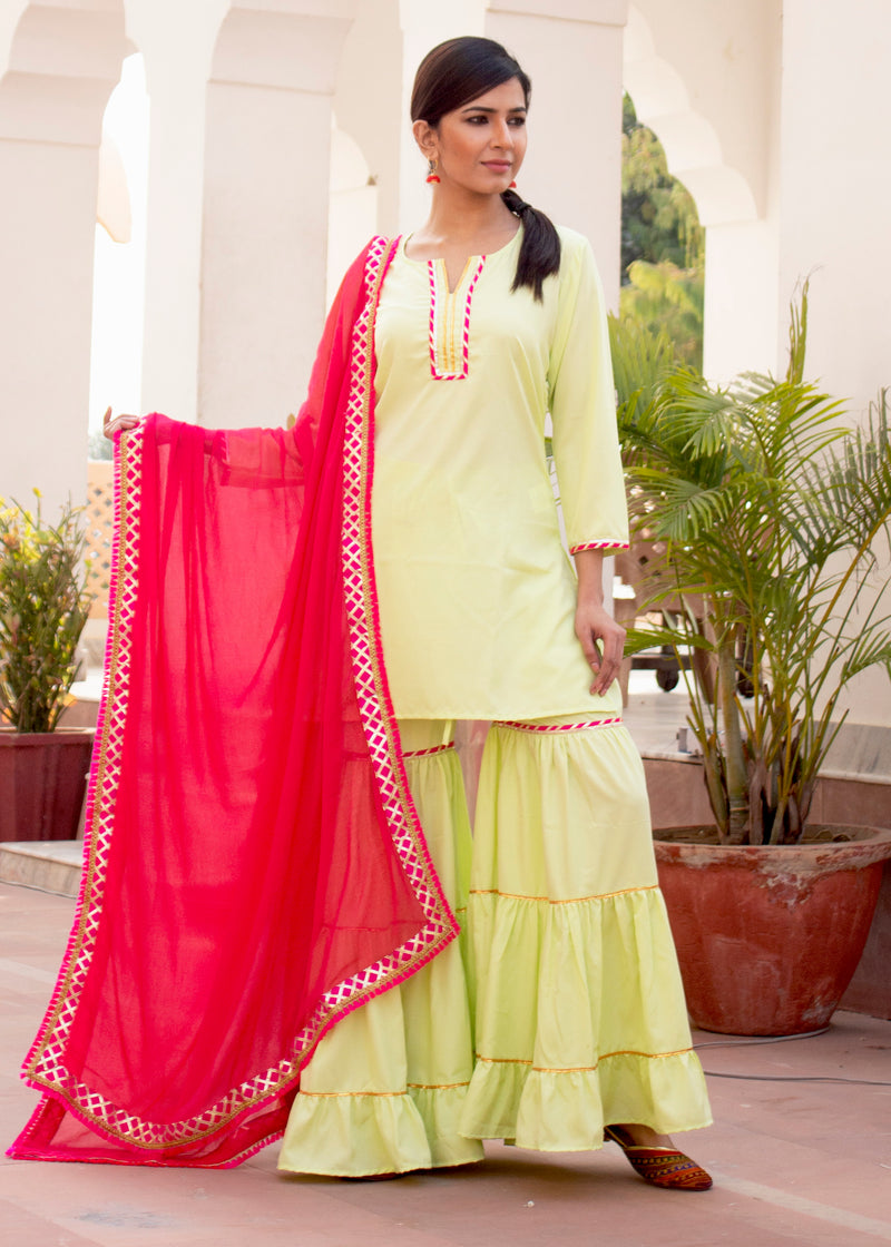 Aasma Green Gota Embroidered Ethnic Sharara Set With Pink Dupatta
