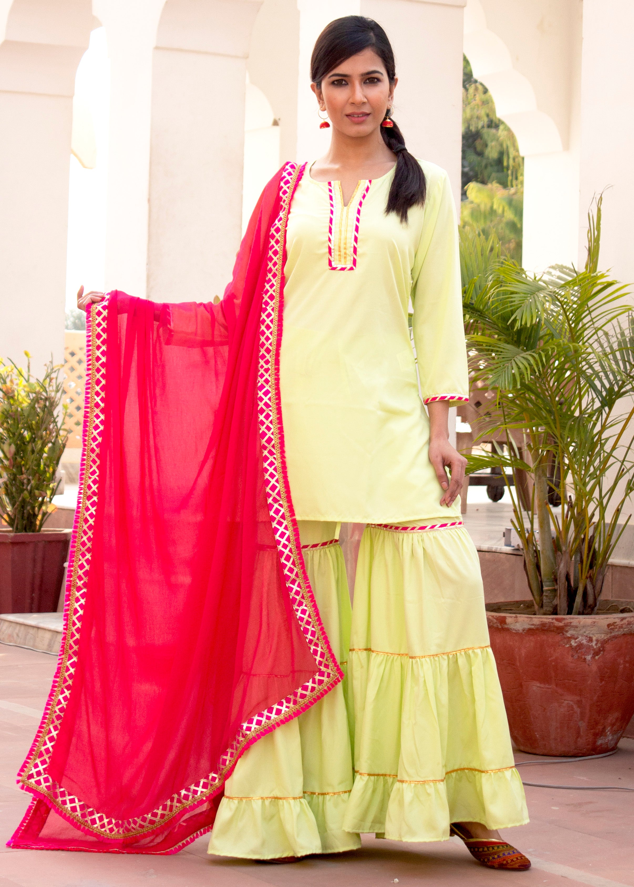 Aasma Green Gota Embroidered Ethnic Sharara Set With Pink Dupatta