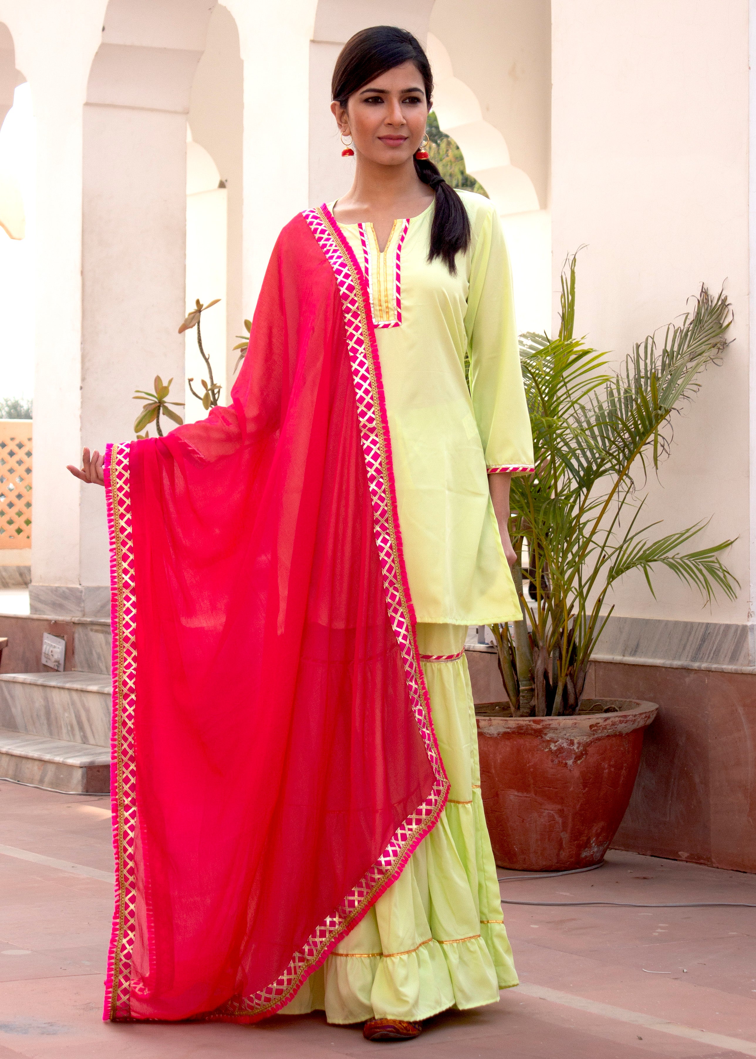 Aasma Green Gota Embroidered Ethnic Sharara Set With Pink Dupatta