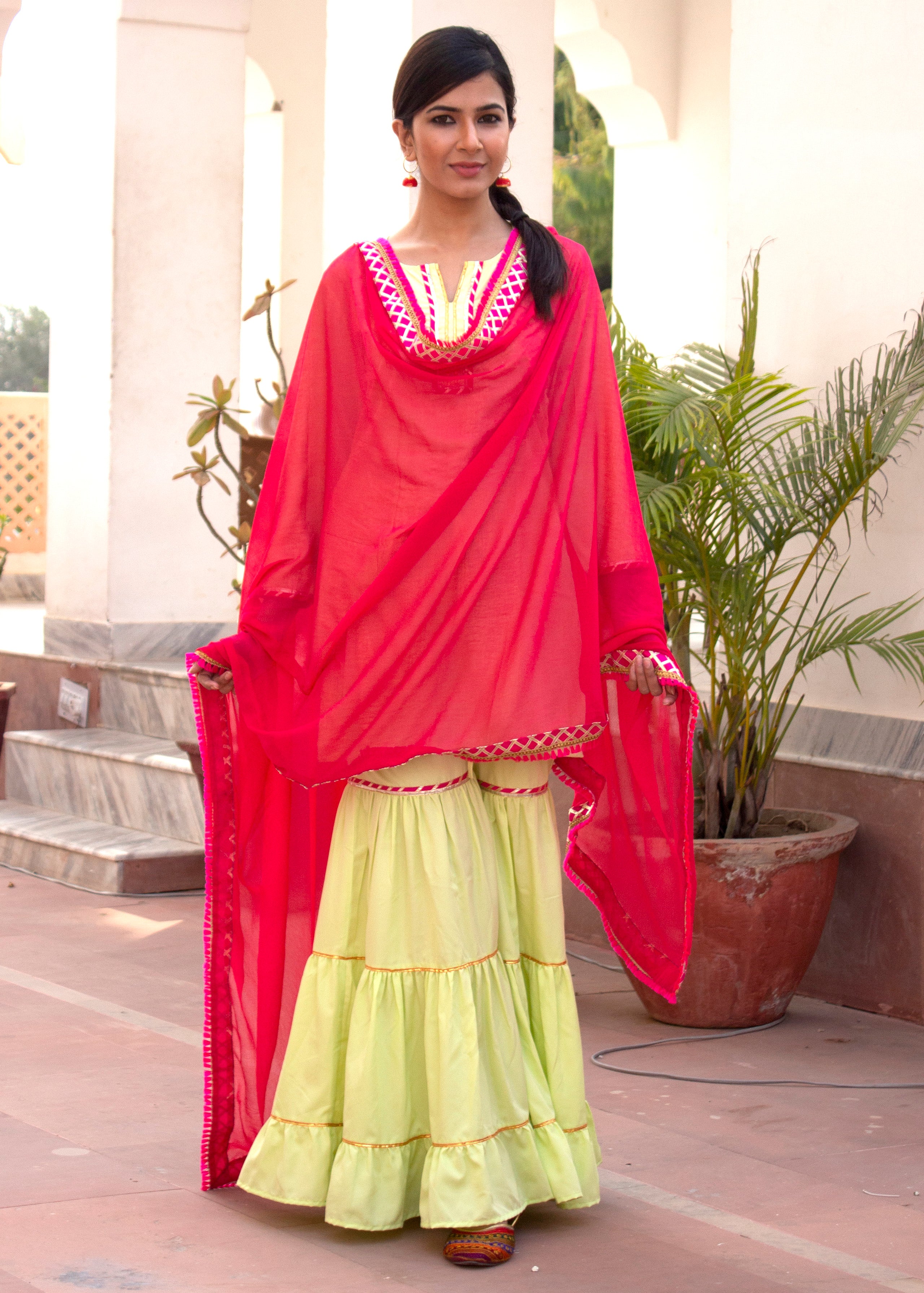 Aasma Green Gota Embroidered Ethnic Sharara Set With Pink Dupatta