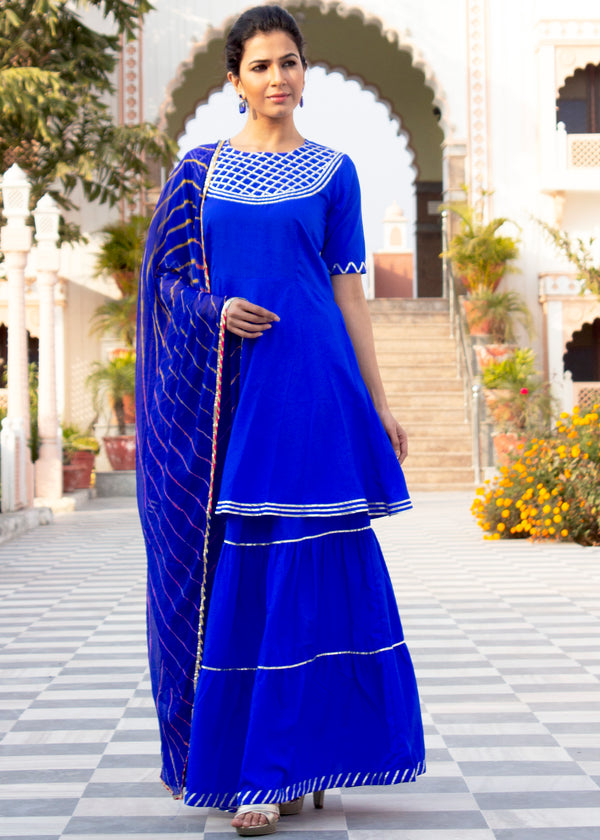 Mukta Hot Blue Short Kurta Skirt Set