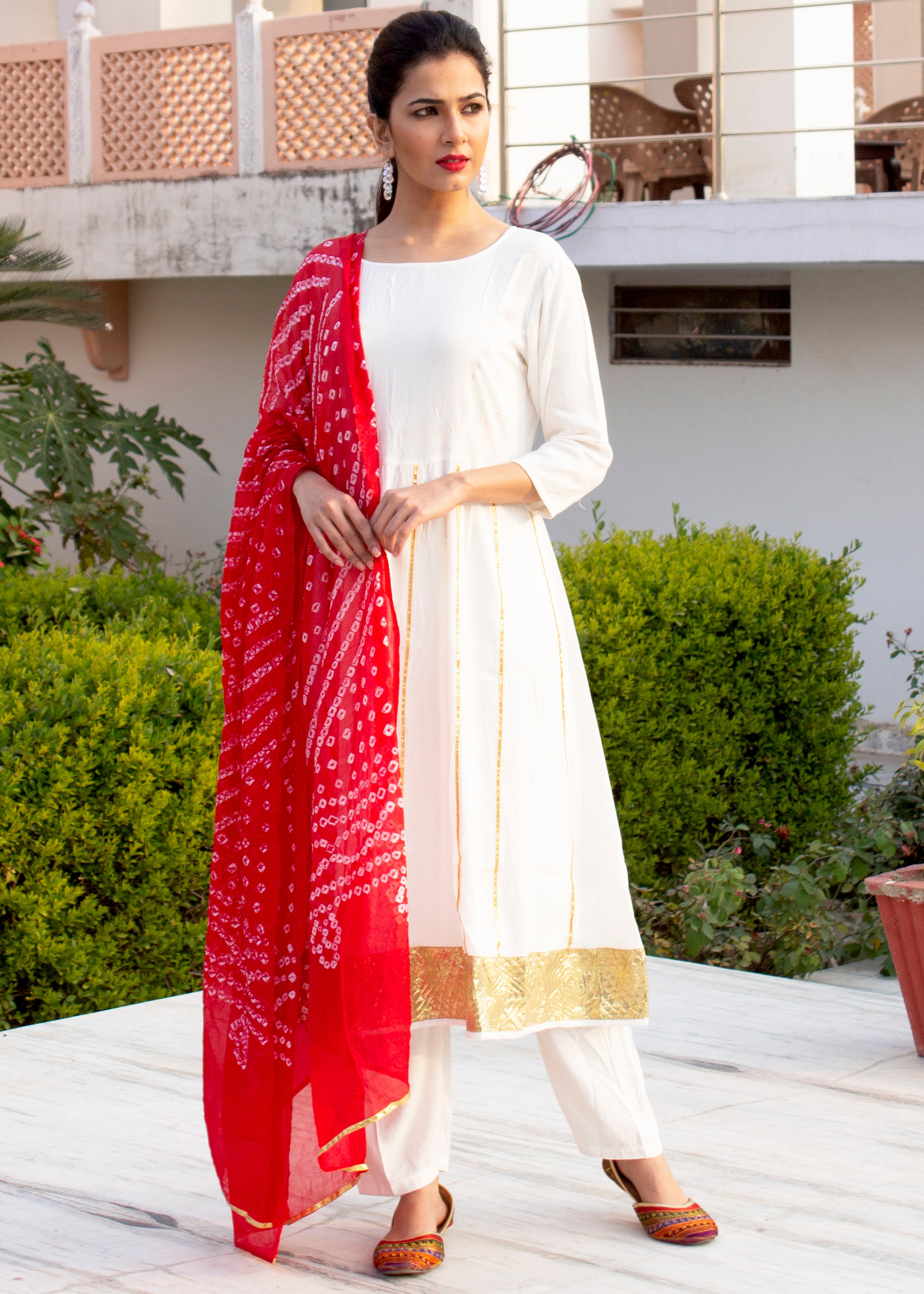 White Dobby Anarkali Kurta Set With Red Bandhej Dupatta