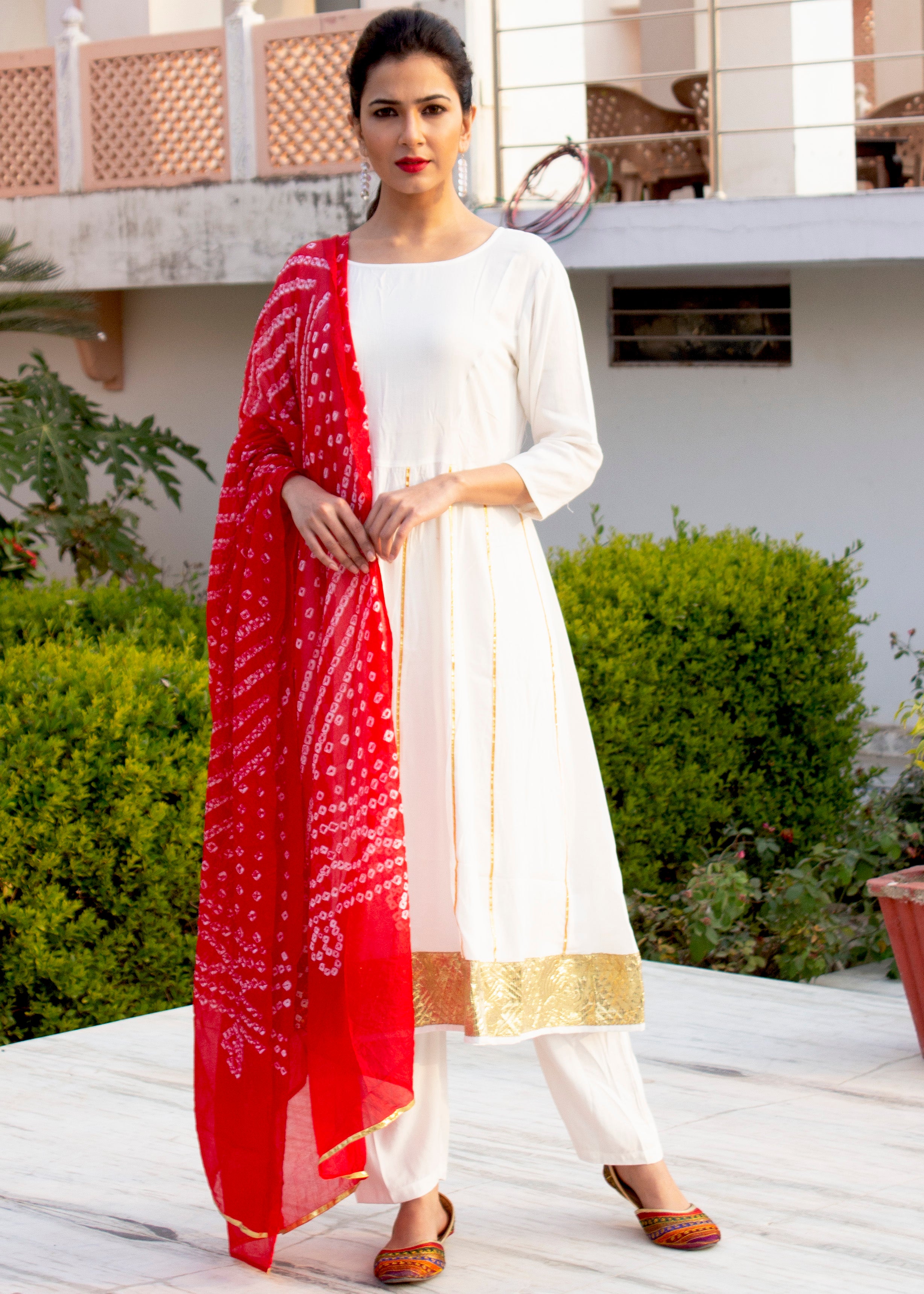 White Dobby Anarkali Kurta Set With Red Bandhej Dupatta