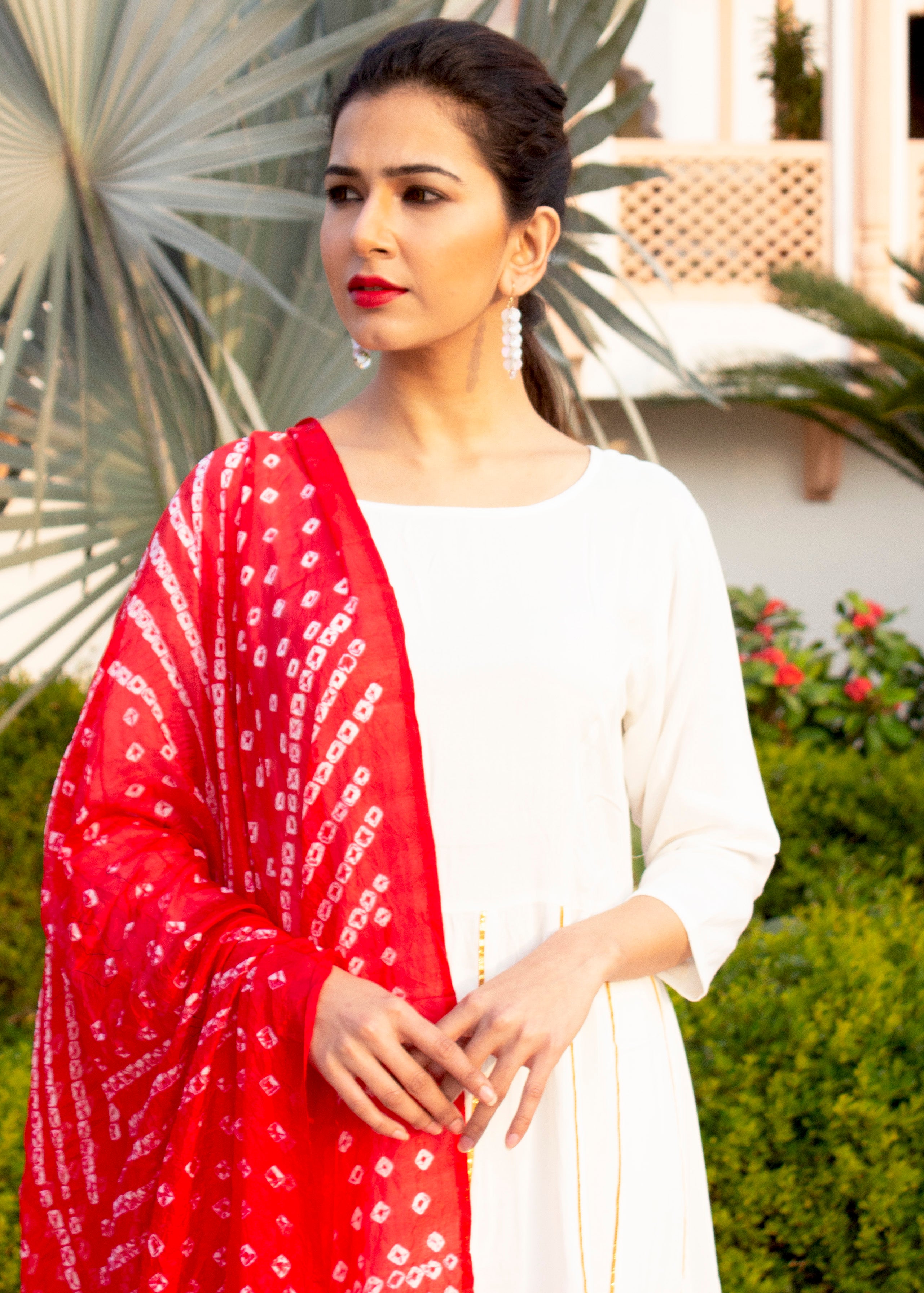 White Dobby Anarkali Kurta Set With Red Bandhej Dupatta