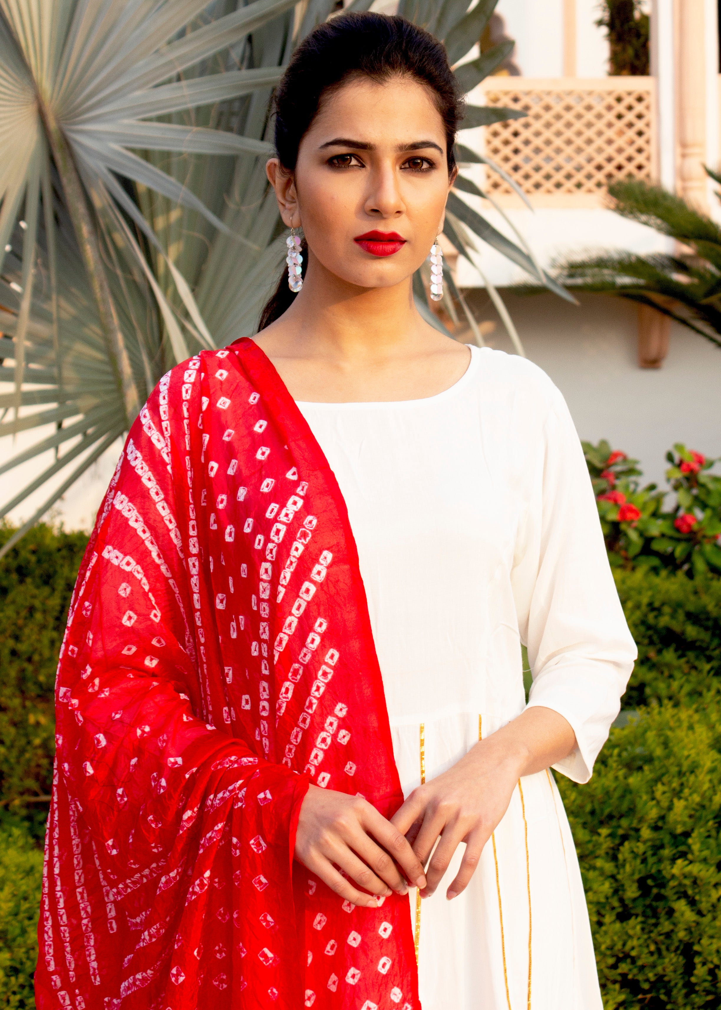 White Dobby Anarkali Kurta Set With Red Bandhej Dupatta