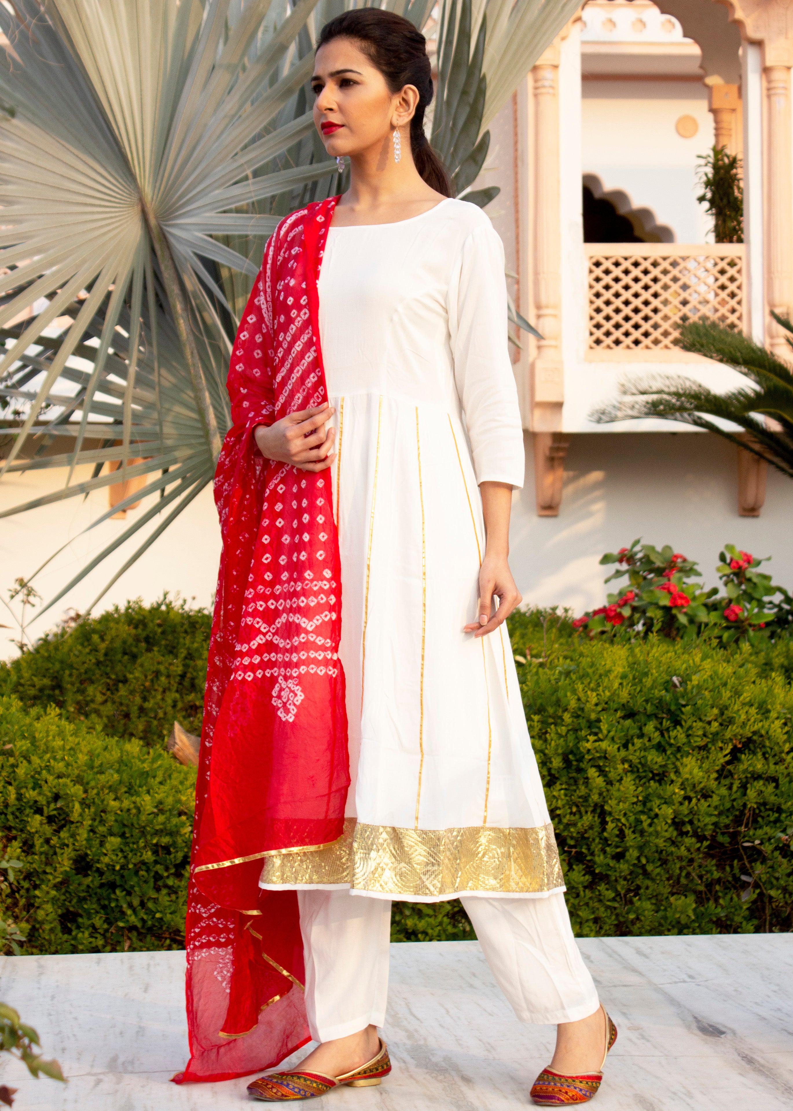 White Dobby Anarkali Kurta Set With Red Bandhej Dupatta