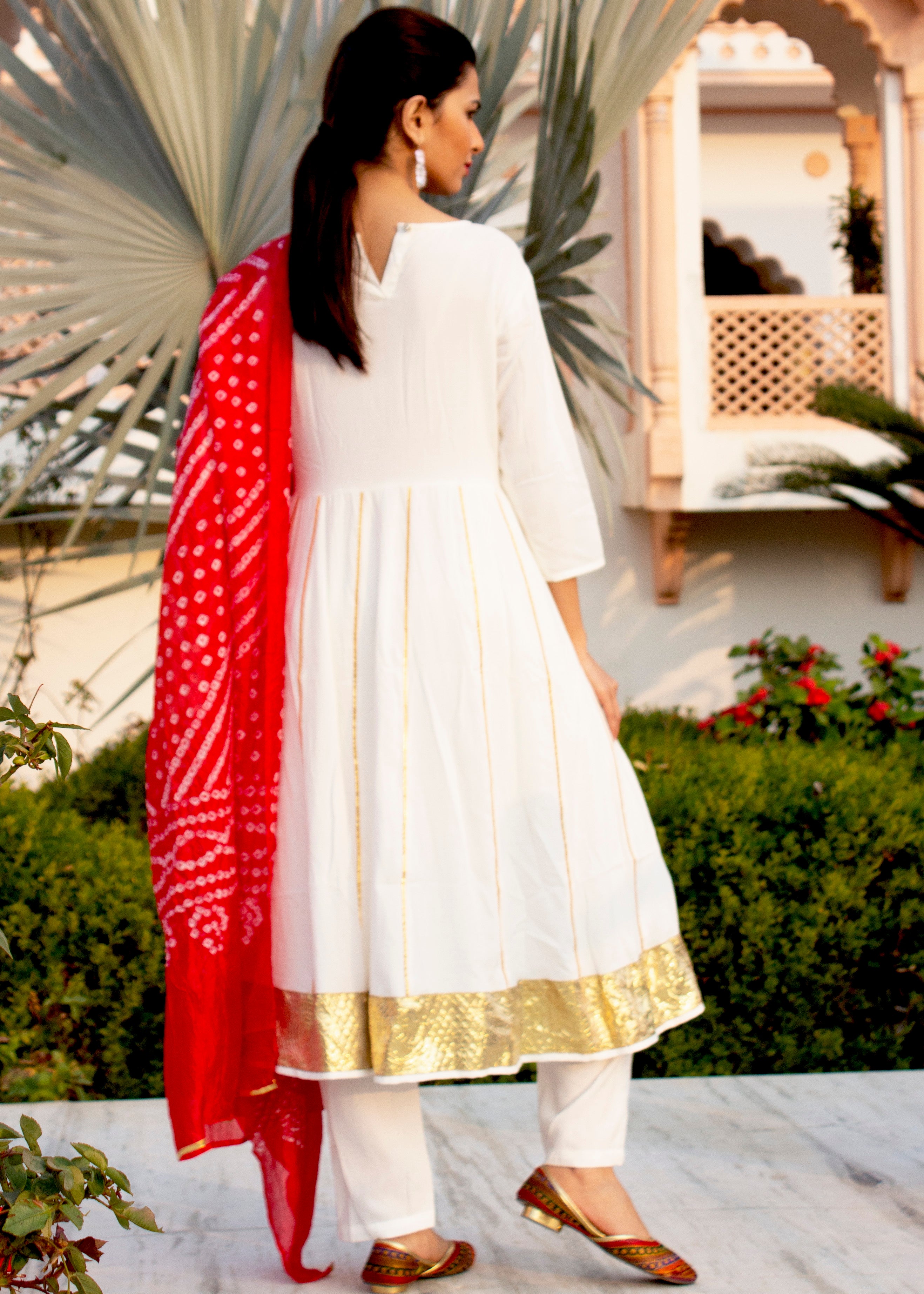 White Dobby Anarkali Kurta Set With Red Bandhej Dupatta