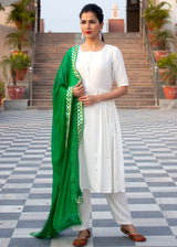 Plain White Side Gota Work Suit With Green Dupatta
