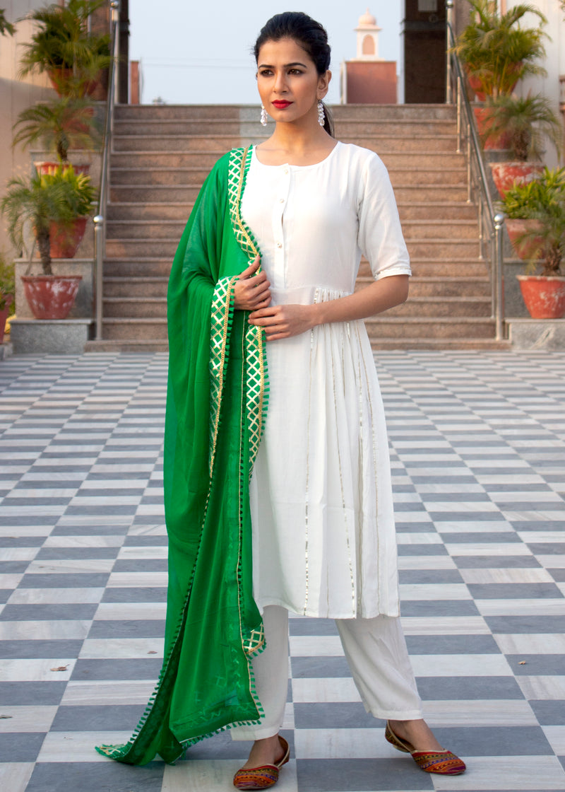 Plain White Side Gota Work Suit With Green Dupatta