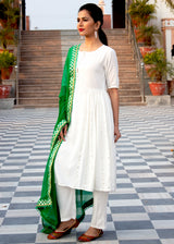 Plain White Side Gota Work Suit With Green Dupatta