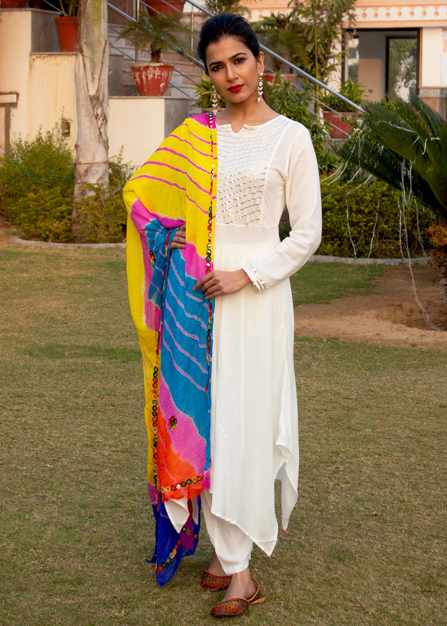 Soft White High Low gota work Kurta Set With Lehariyaan Multi-Coloured Dupatta