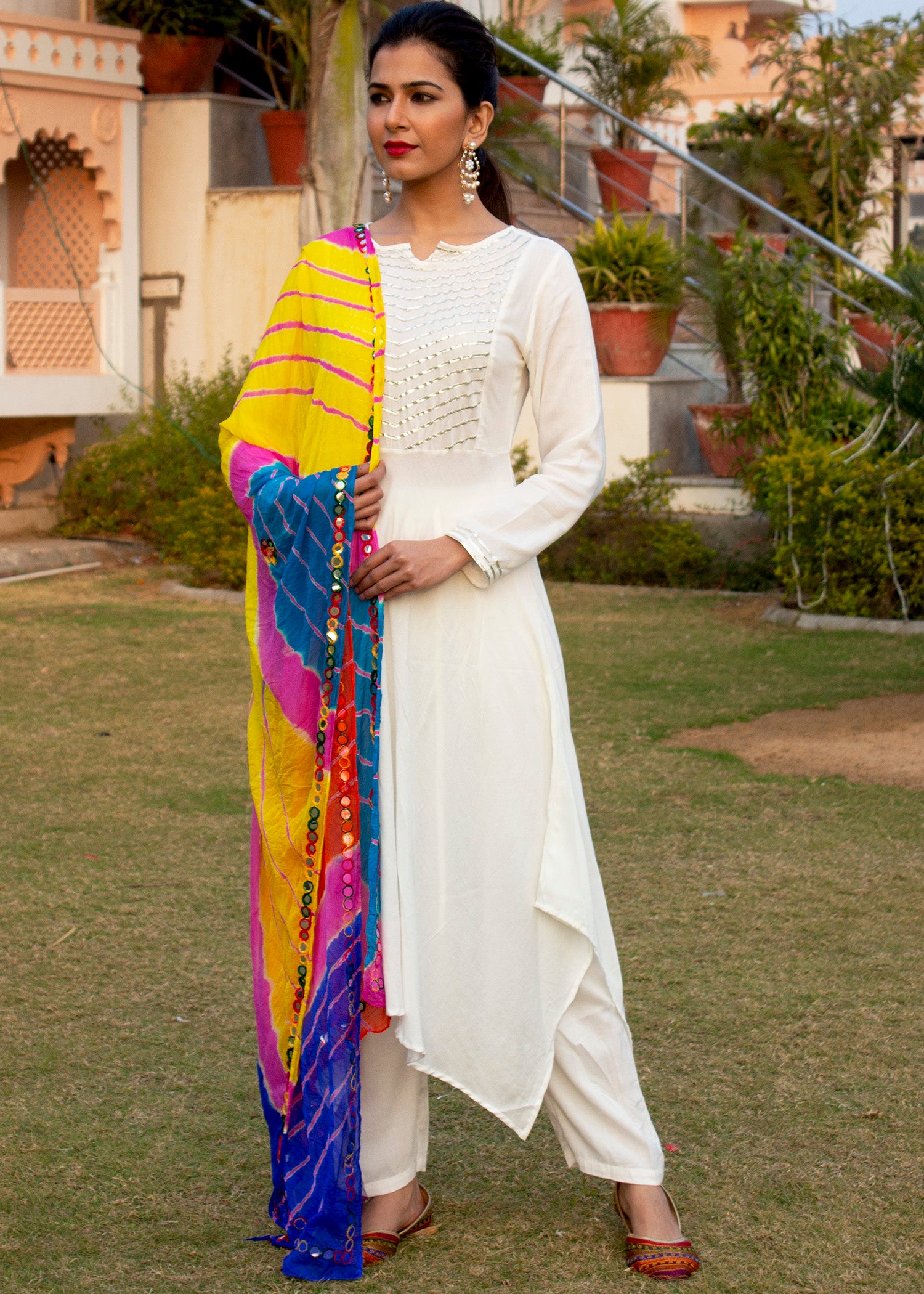 Soft White High Low gota work Kurta Set With Lehariyaan Multi-Coloured Dupatta