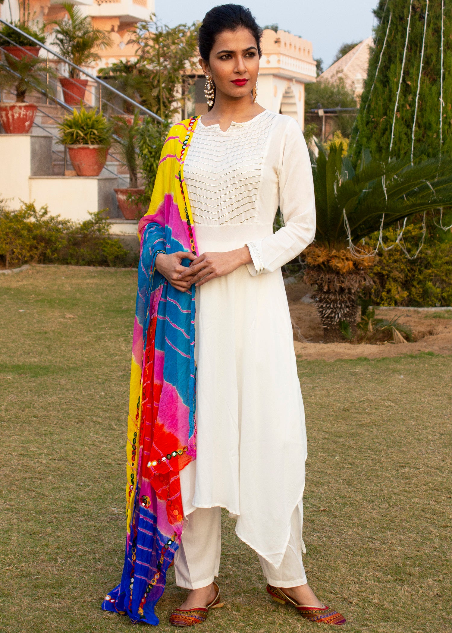 Soft White High Low gota work Kurta Set With Lehariyaan Multi-Coloured Dupatta