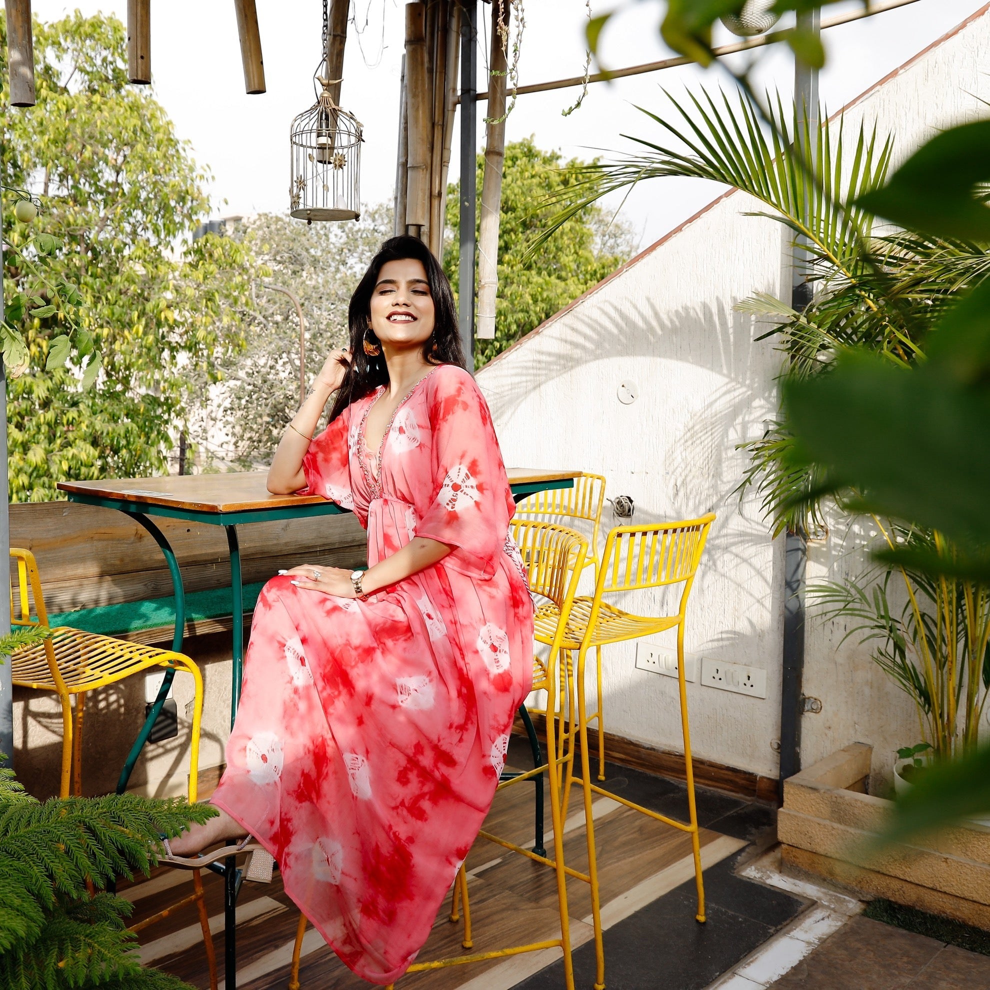 Coral Peach Tie Dye Kaftan Dress