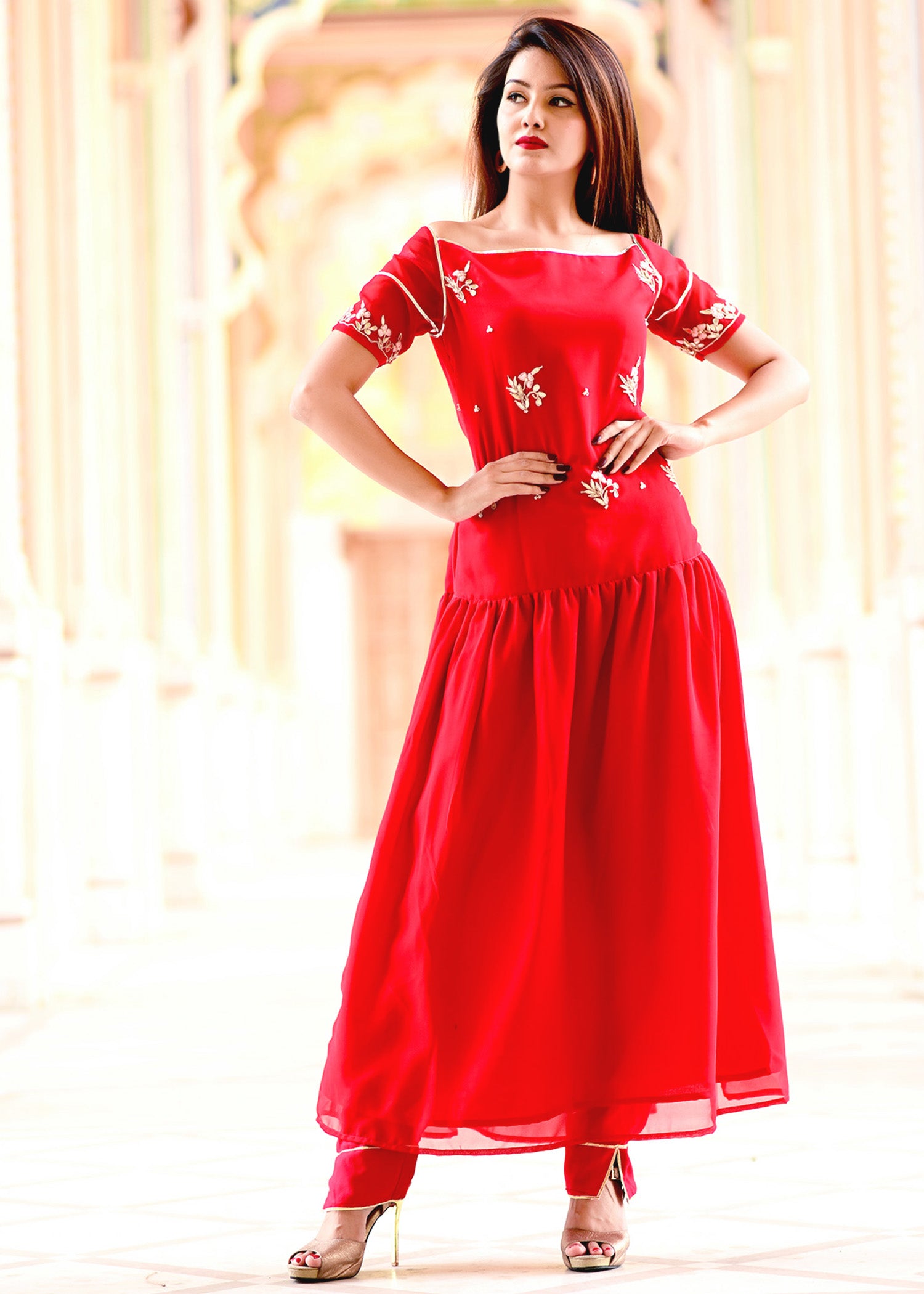 Red embellished gherdaar kurta set