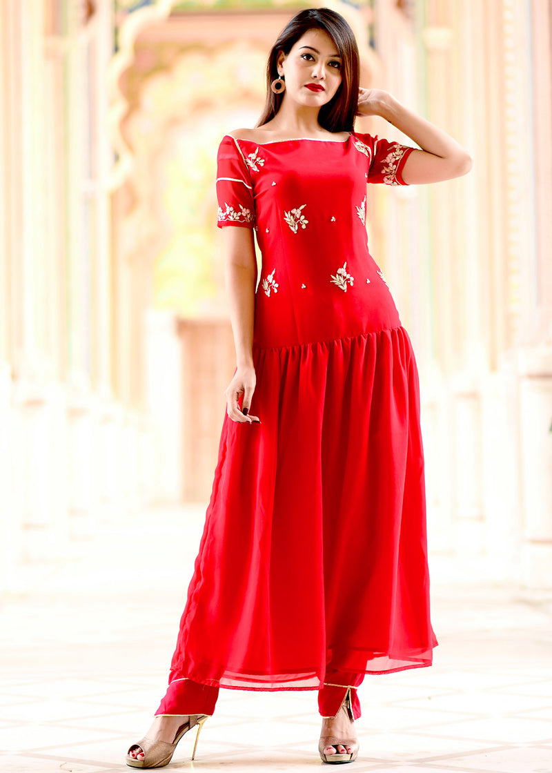 Red embellished gherdaar kurta set