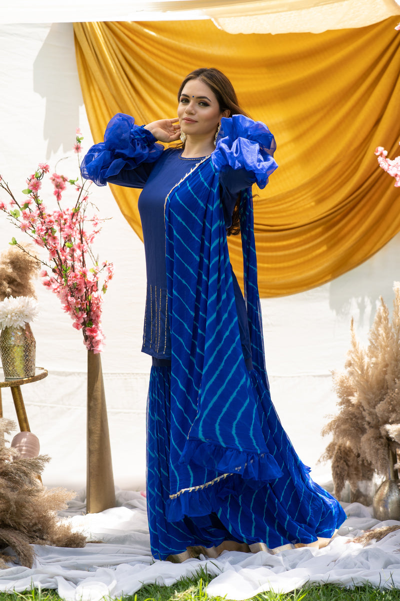 Bluebell Leheriya Fusion Suit With Balloon Sleeves