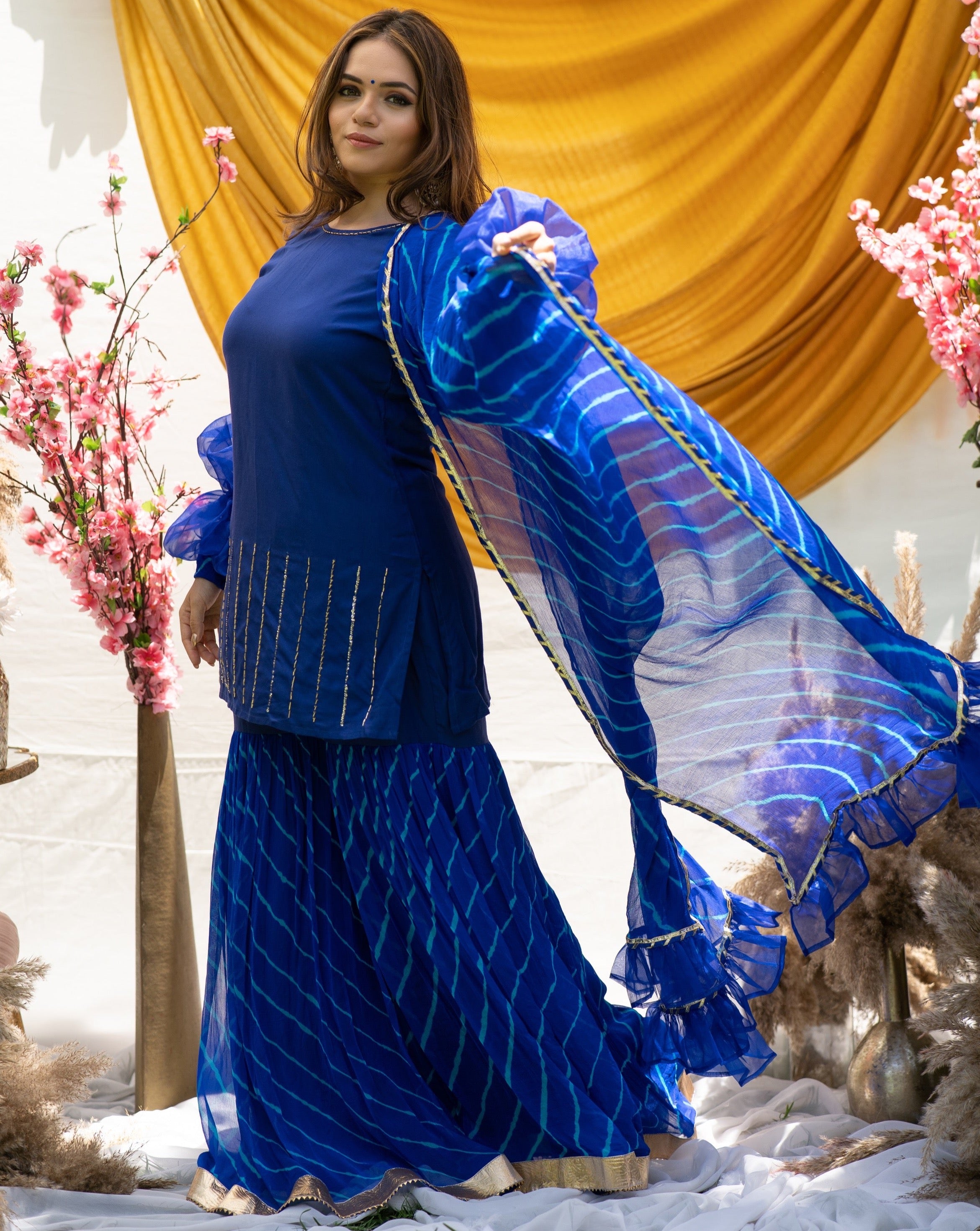 Bluebell Leheriya Fusion Suit With Balloon Sleeves