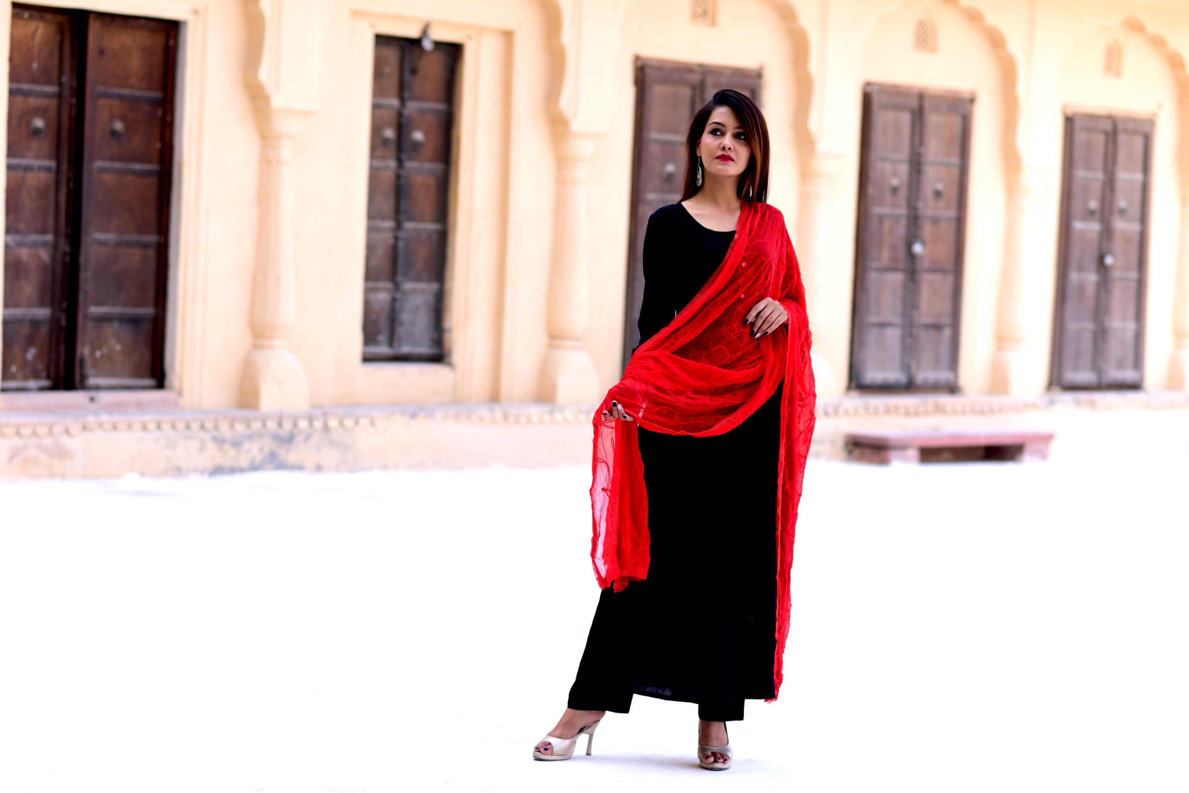 Beautiful Black kurta Set with kashmiri red dupatta