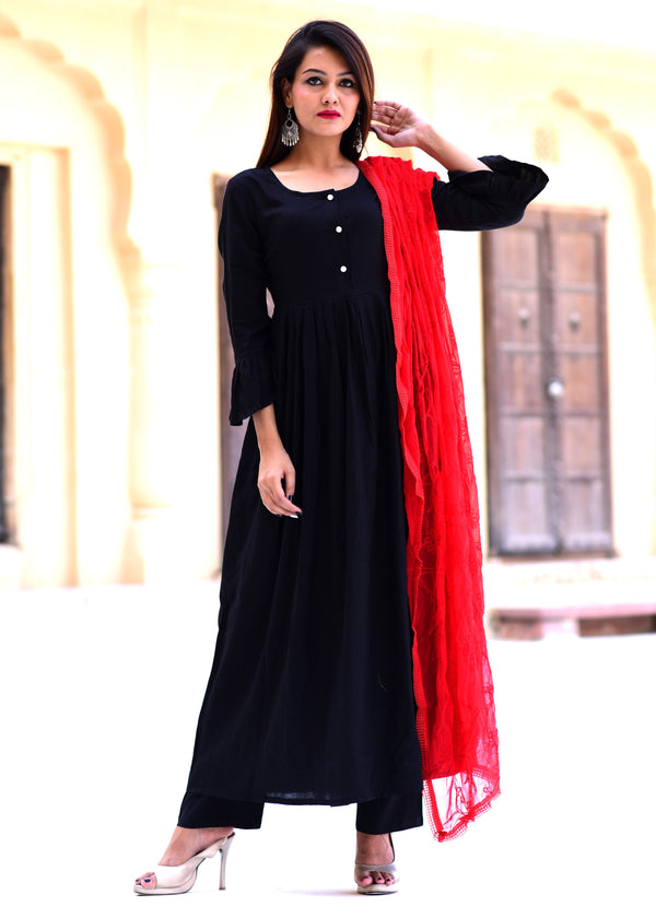 Beautiful Black kurta Set with kashmiri red dupatta