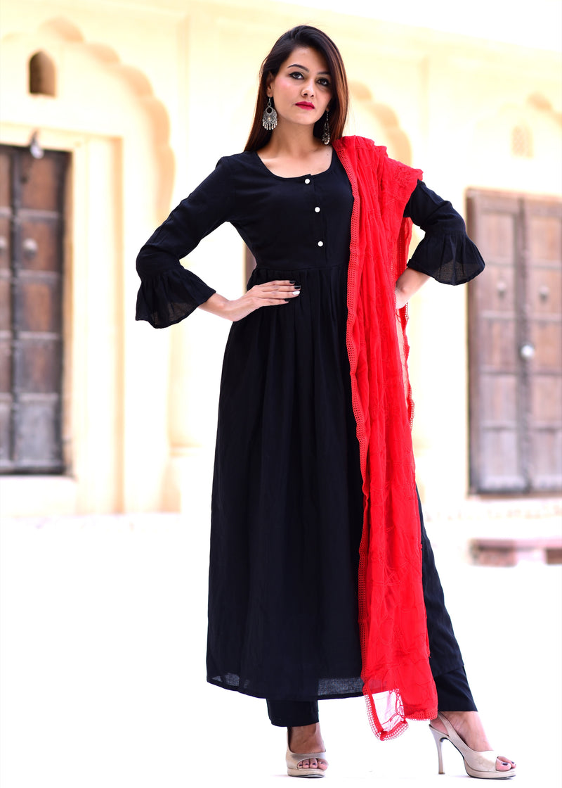 Beautiful Black kurta Set with kashmiri red dupatta