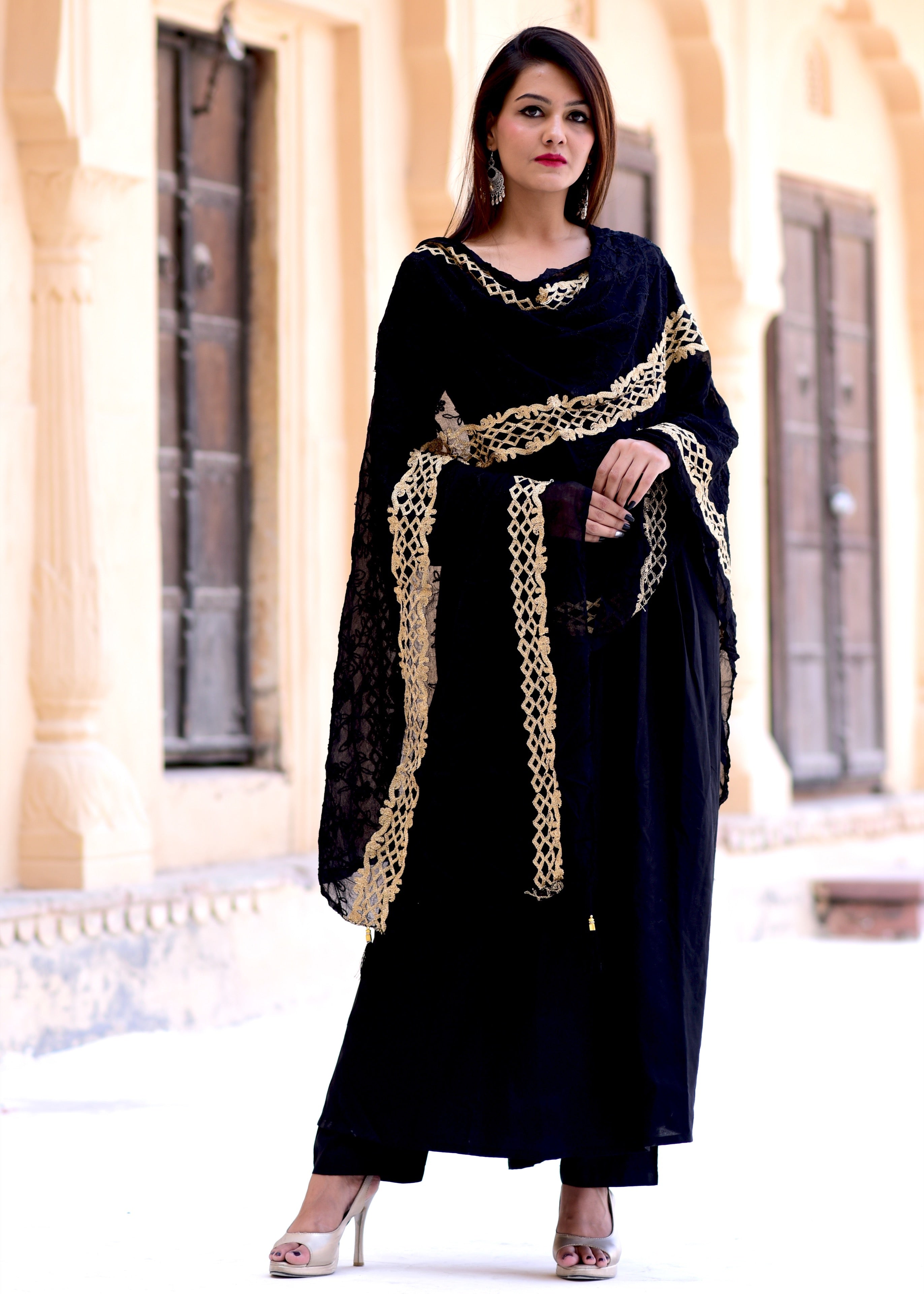 Beautiful Black Suit Set With Black Golden Dupatta