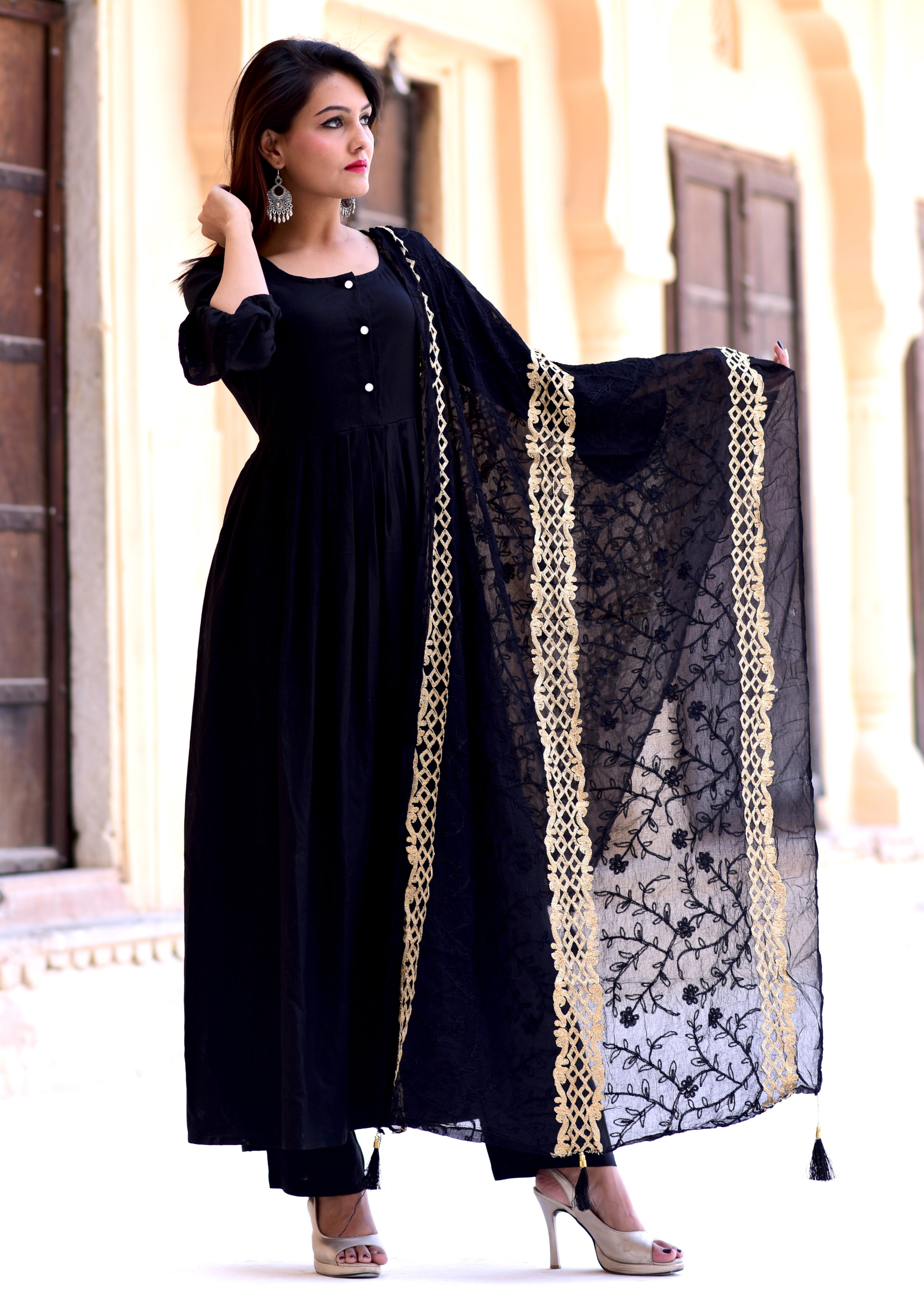 Beautiful Black Suit Set With Black Golden Dupatta