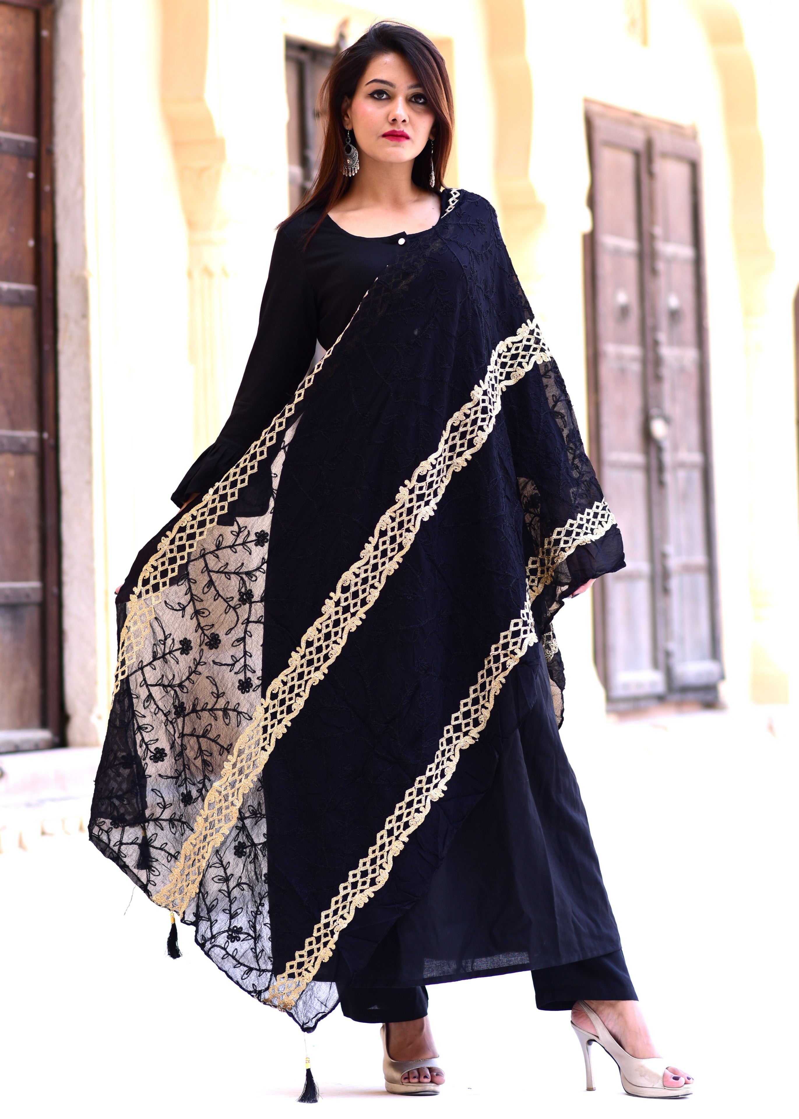 Beautiful Black Suit Set With Black Golden Dupatta