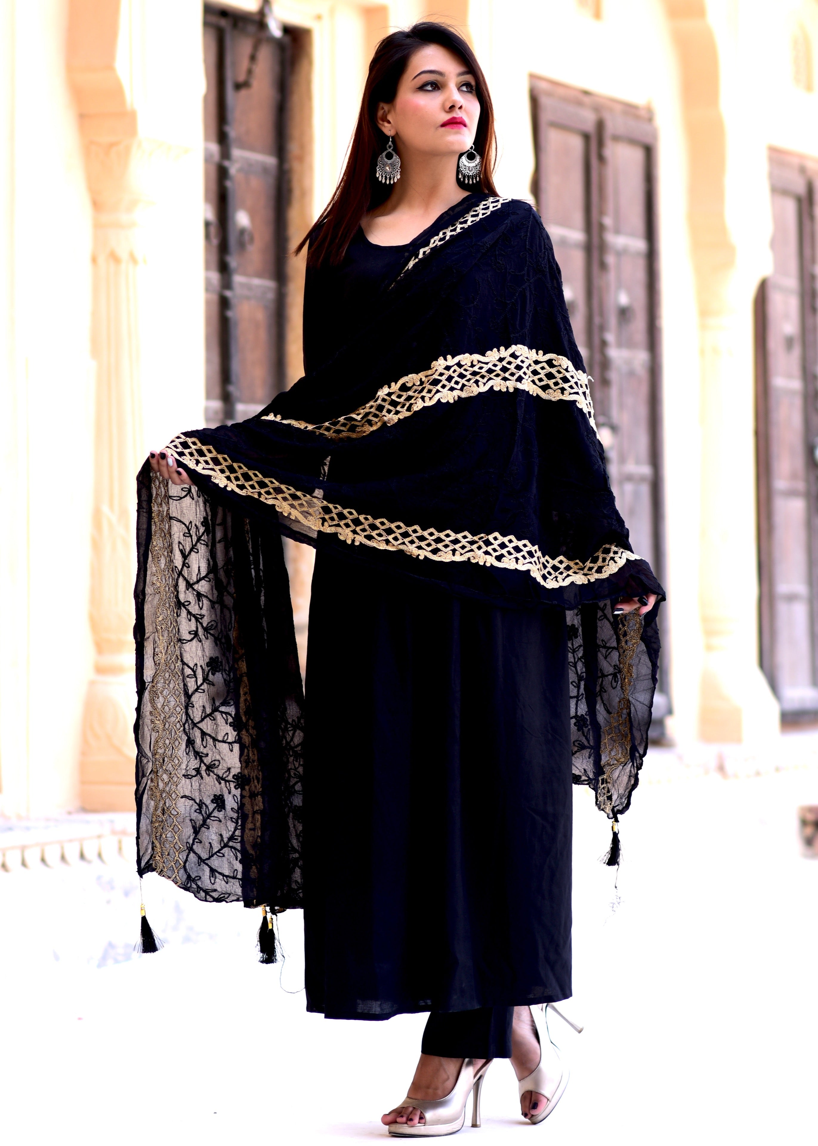 Beautiful Black Suit Set With Black Golden Dupatta